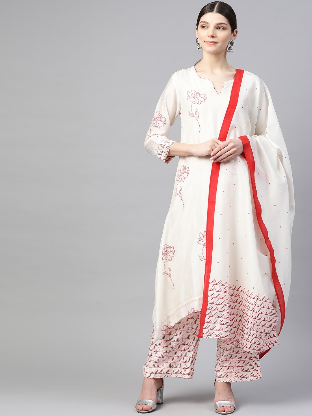 

Biba Women White & Orange Printed Kurta with Palazzos & Dupatta