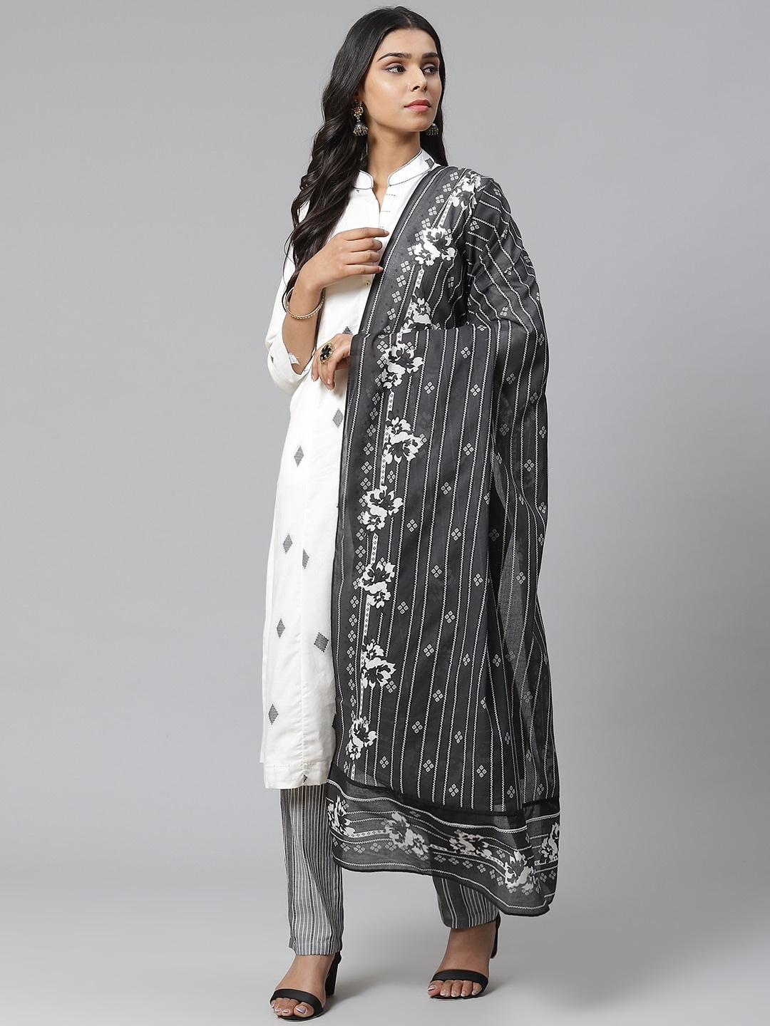 

Biba Women Off-White & Black Sustainable Embroidered Kurta with Trousers & Dupatta