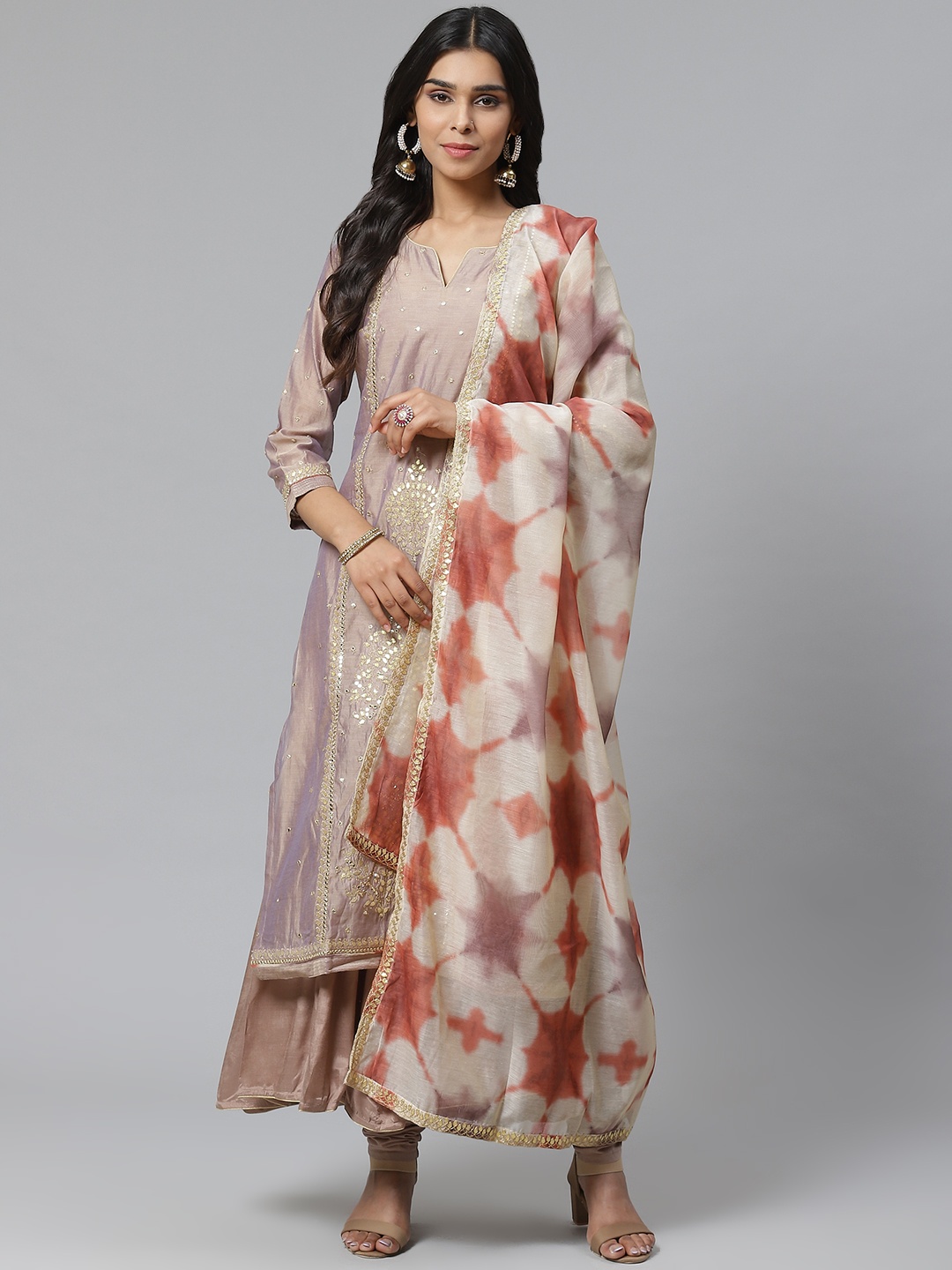 

Biba Women Brown Embroidered Layered Kurta with Churidar & Dupatta
