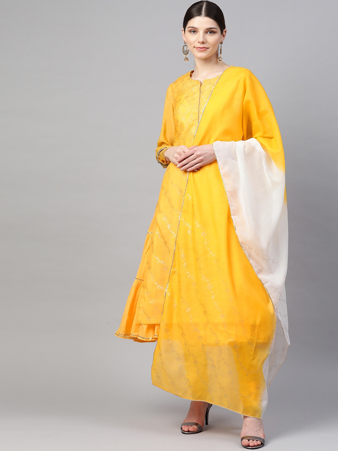 

Biba Women Yellow & White Printed Layered Kurta with Churidar & Dupatta