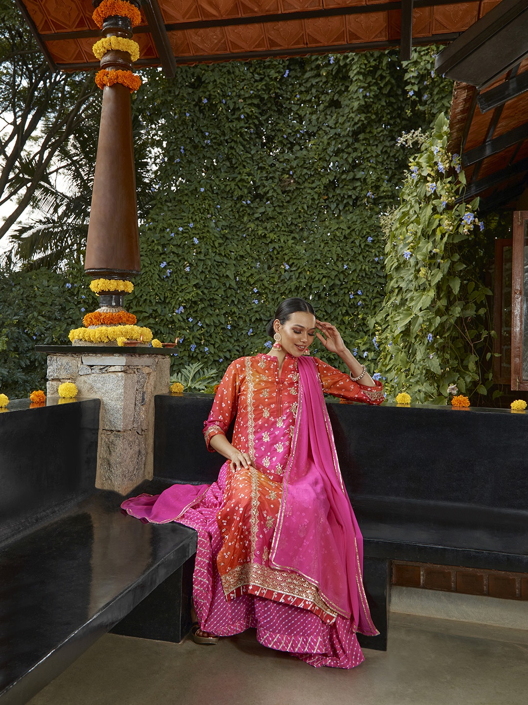 

Biba Women Pink & Orange Bandhani Print Layered Kurta with Churidar & Dupatta