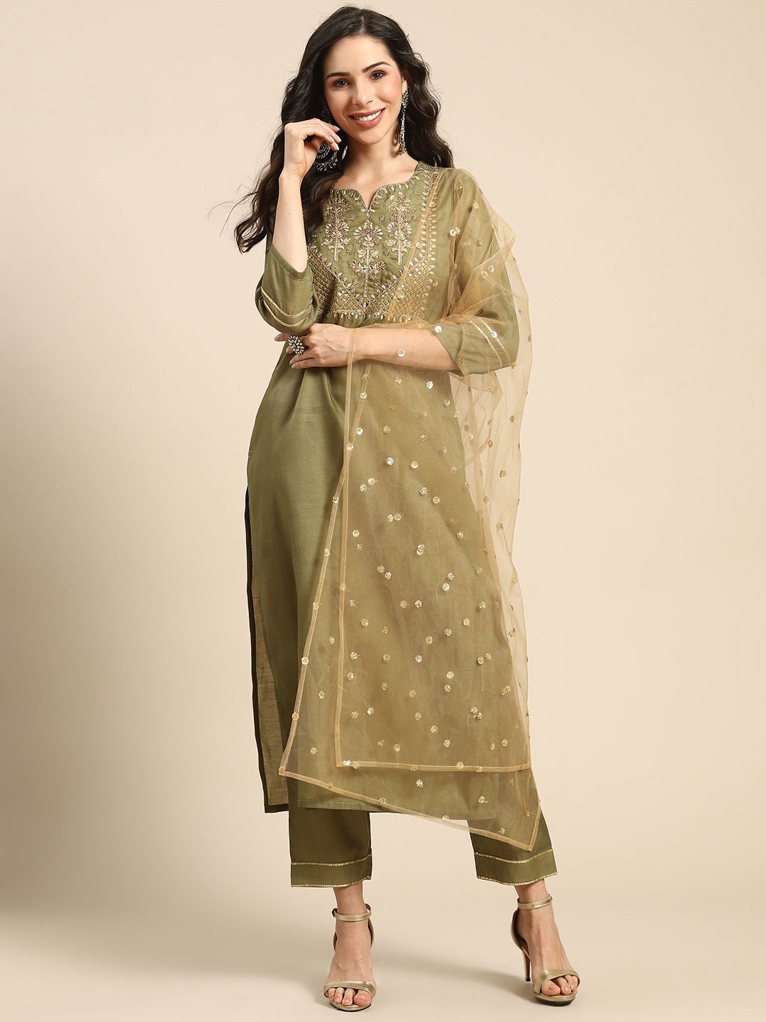 

Varanga Women Olive Green & Golden Embroidered Kurta with Trousers & Dupatta