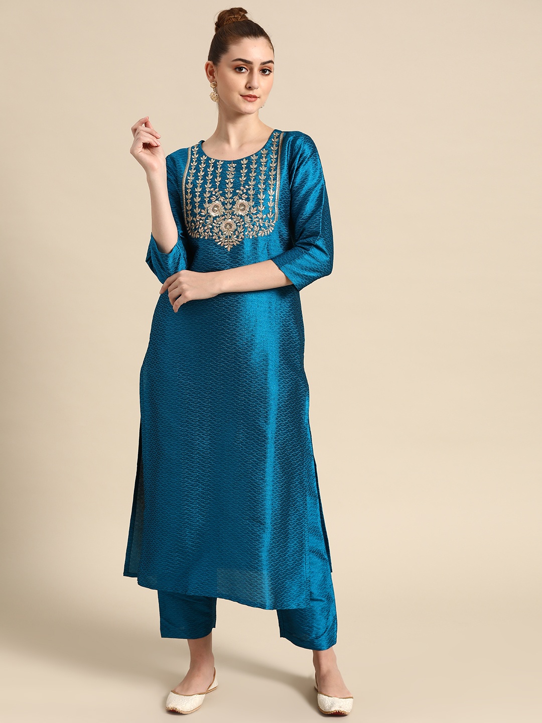 

Varanga Women Blue & Golden Embroidered Jacquard Kurta with Trousers