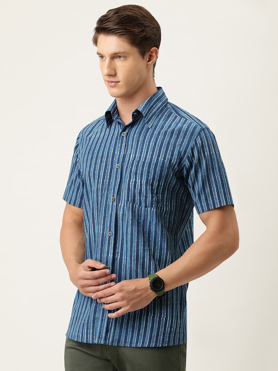 

Burnt Umber Men Blue & White Regular Fit Hand Block Striped Casual Shirt