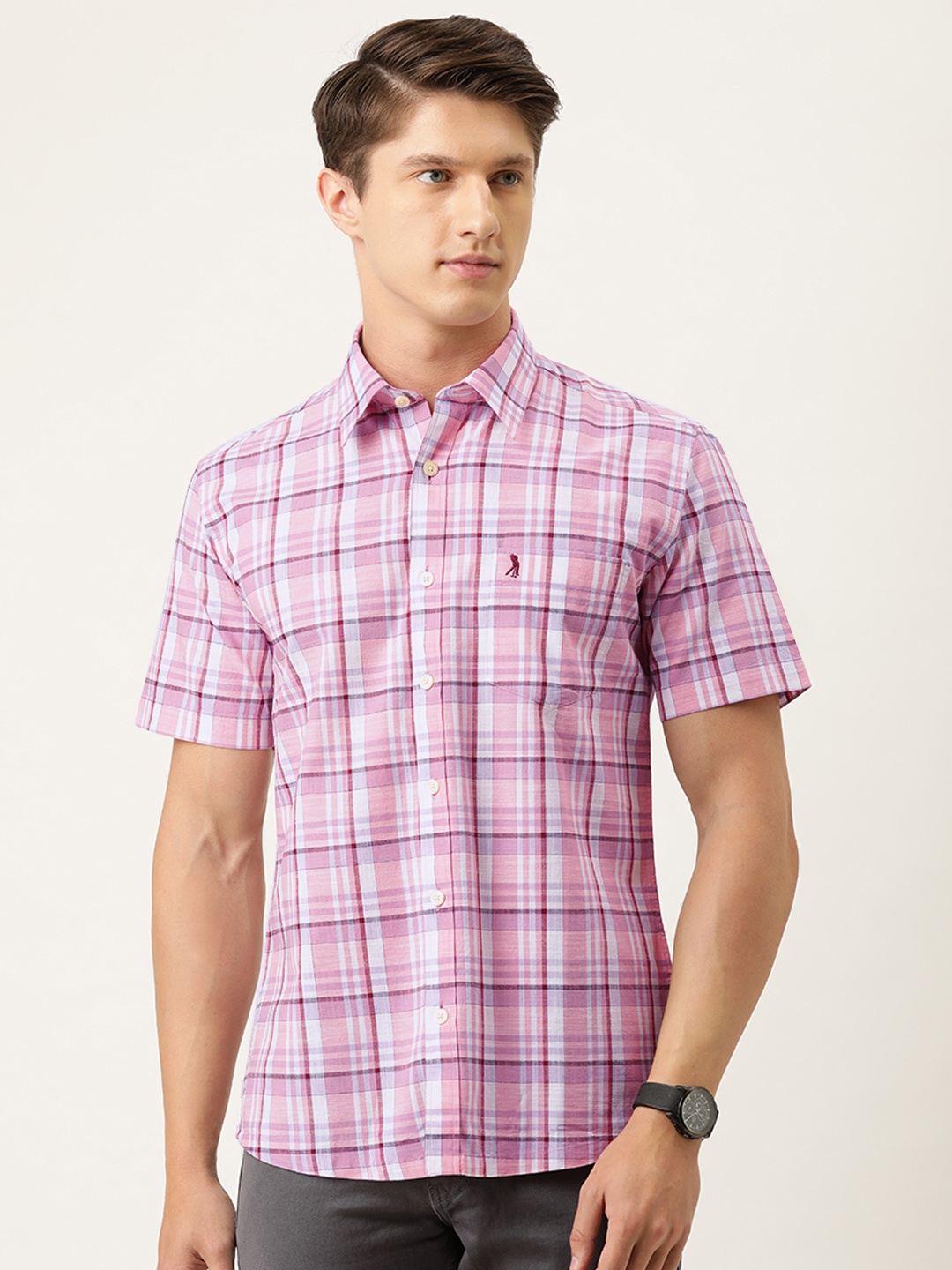 

Burnt Umber Men Pink & White Slim Fit Printed Casual Shirt