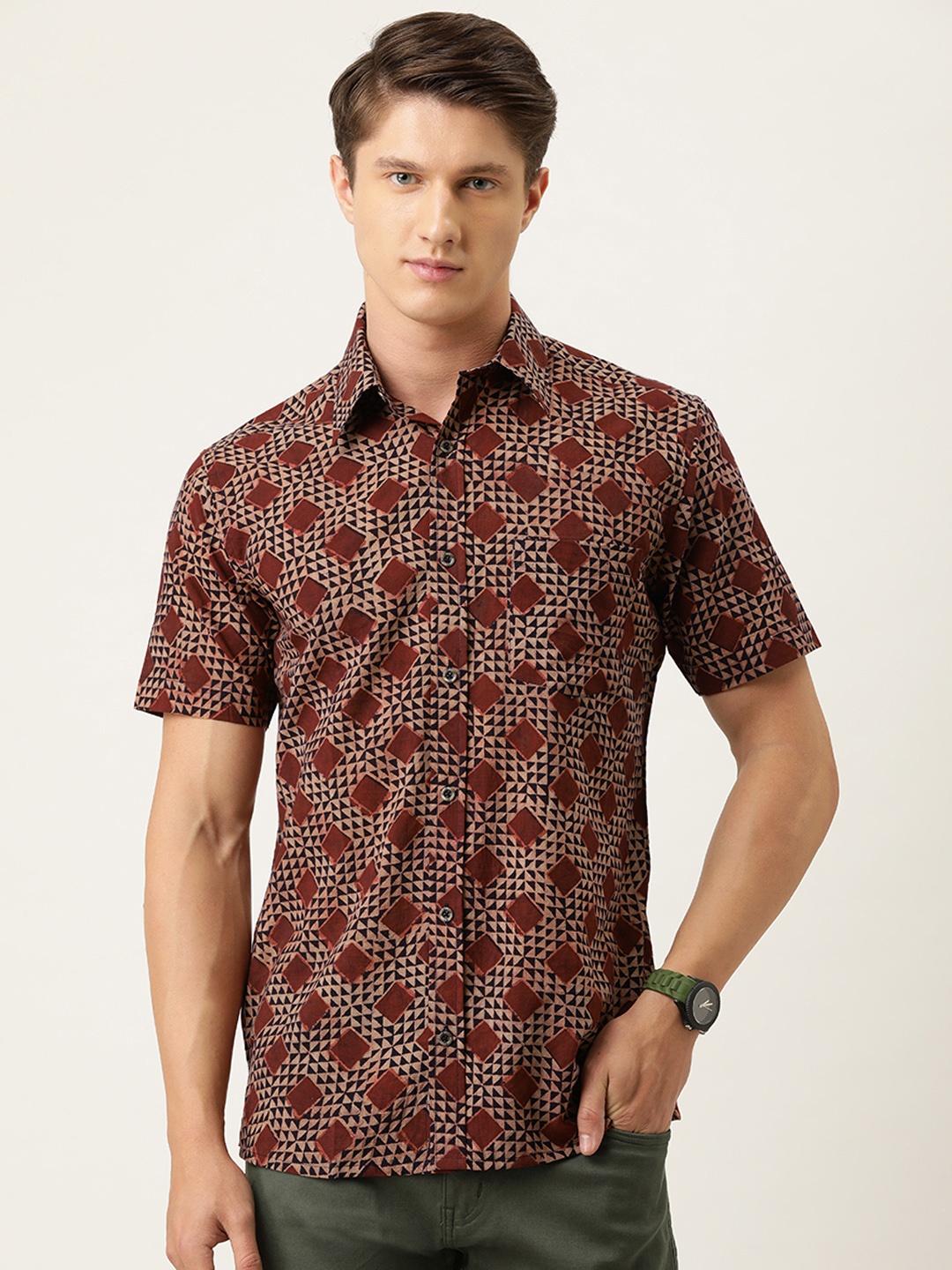 

Burnt Umber Men Brown Slim Fit Hand Block Printed Casual Shirt