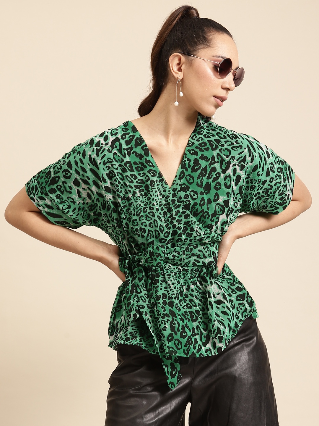 

DODO & MOA Green & Black Leopard Printed Wrap Top with Belt