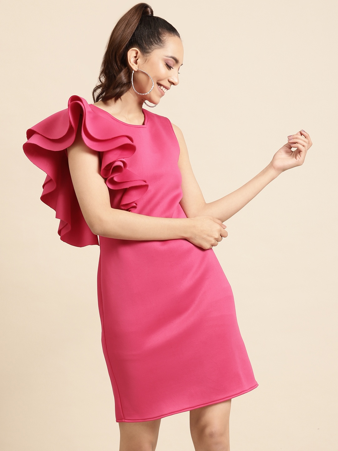 

DODO & MOA Women Pink Solid Ruffled Sheath Dress