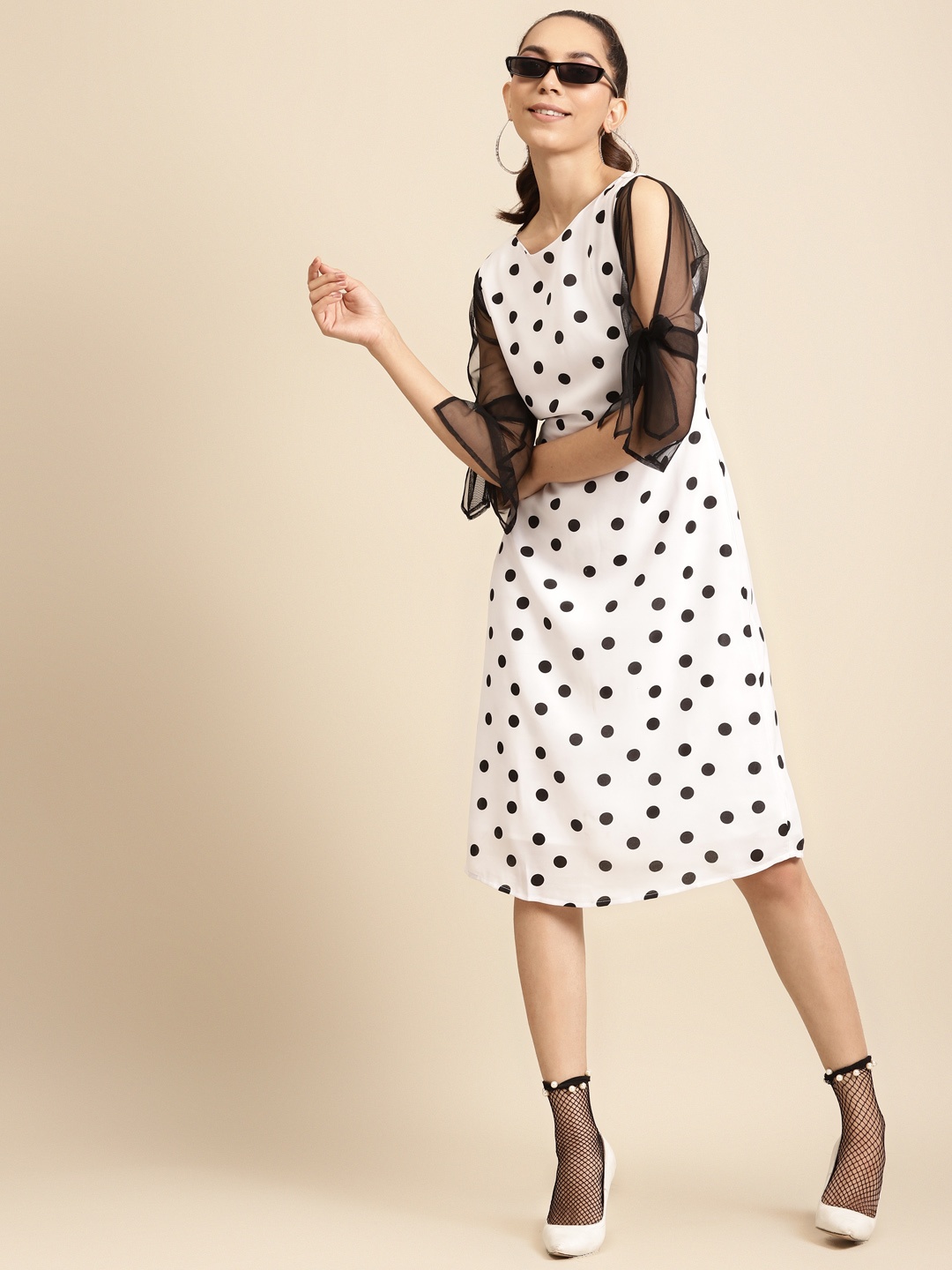 

DODO & MOA Women White & Black Polka Dot Printed A-Line Dress with Tie-ups