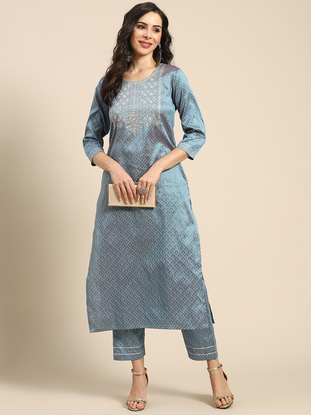 

Varanga Women Blue & Golden Embroidered Jacquard Kurta with Trousers