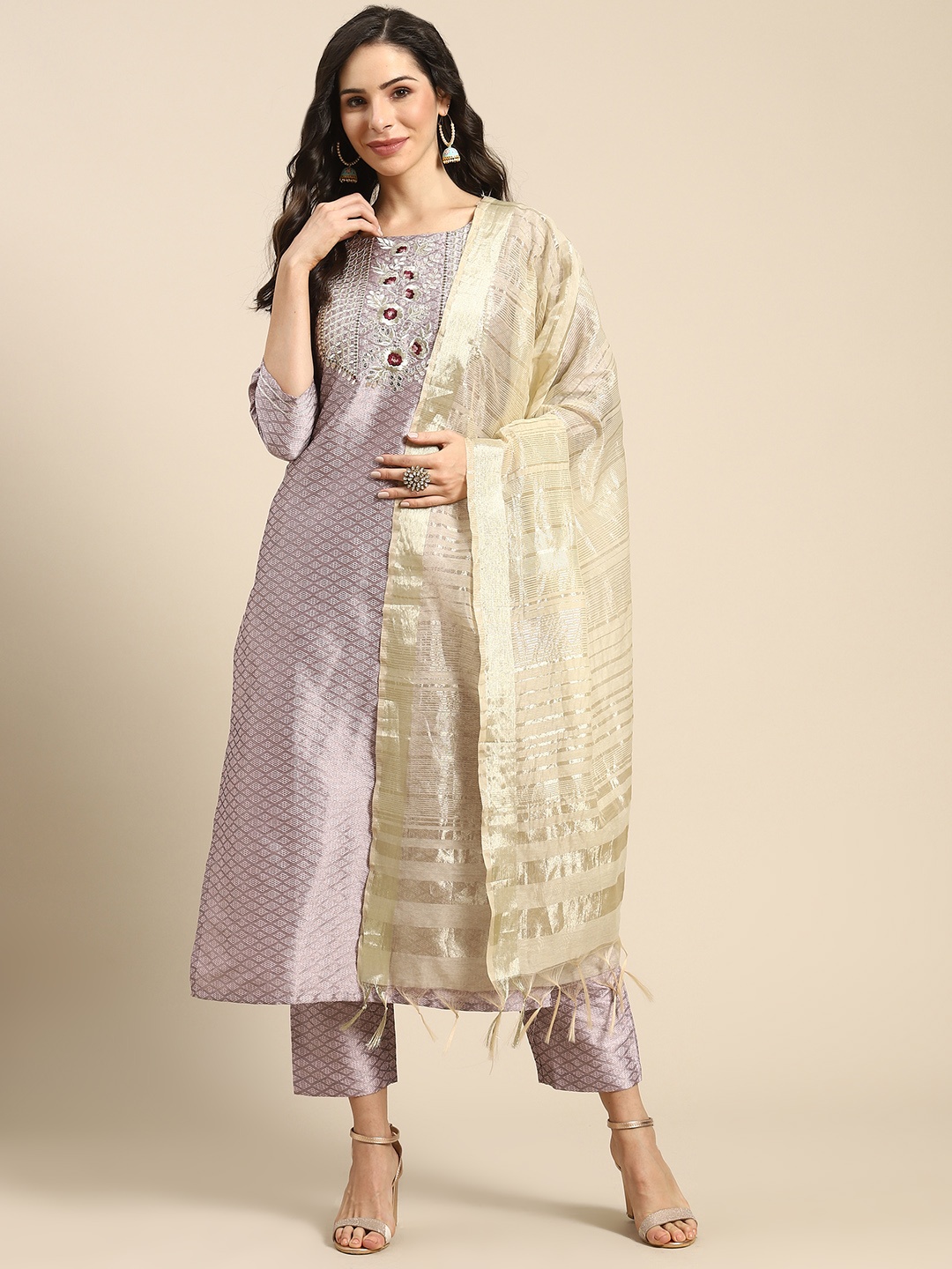 

Varanga Women Lavender & Golden Embroidered jacquard Kurta with Trousers & Dupatta