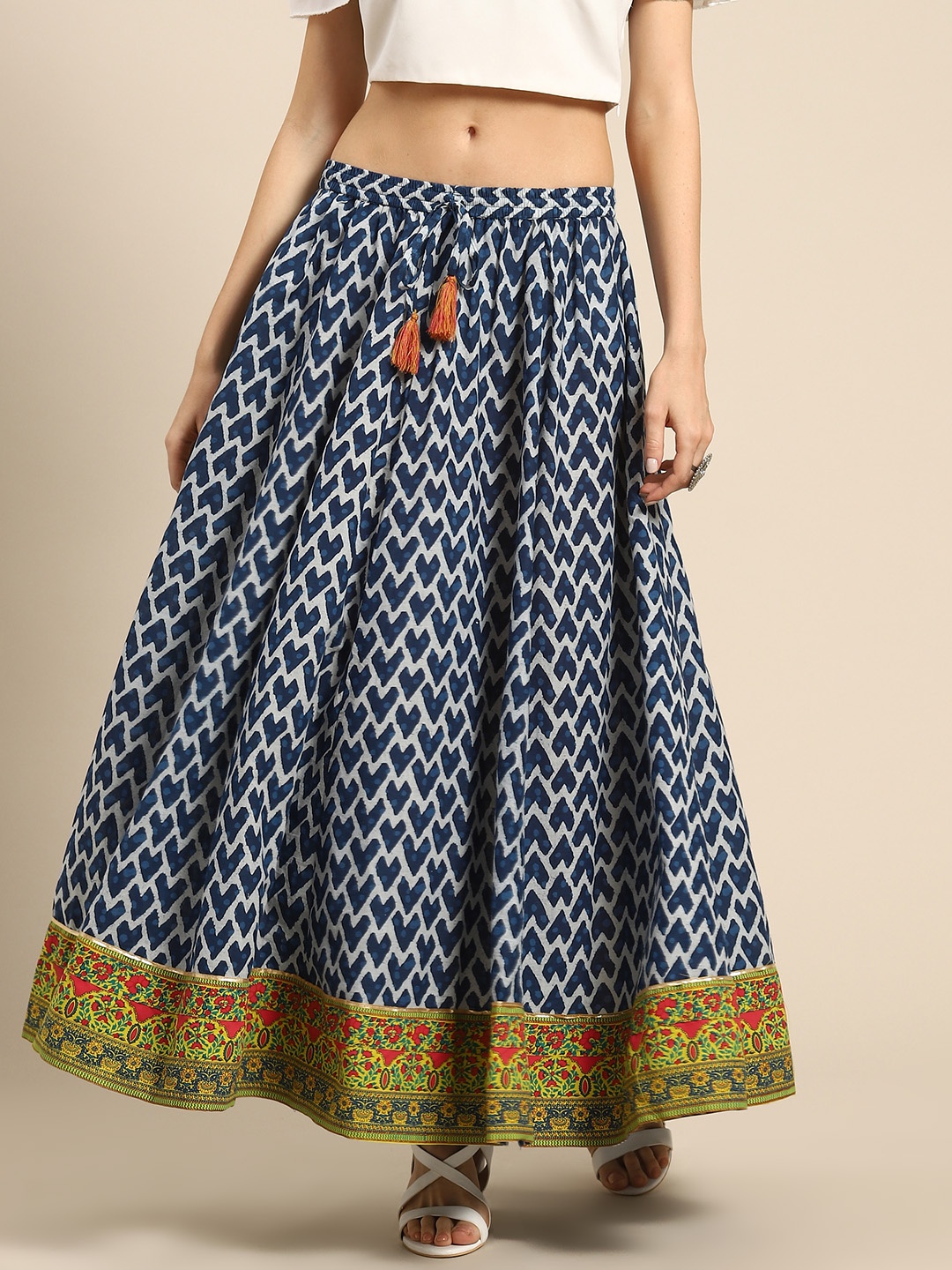 

Varanga Navy Blue & White Pure Cotton Geometric Print Panelled Maxi Skirt