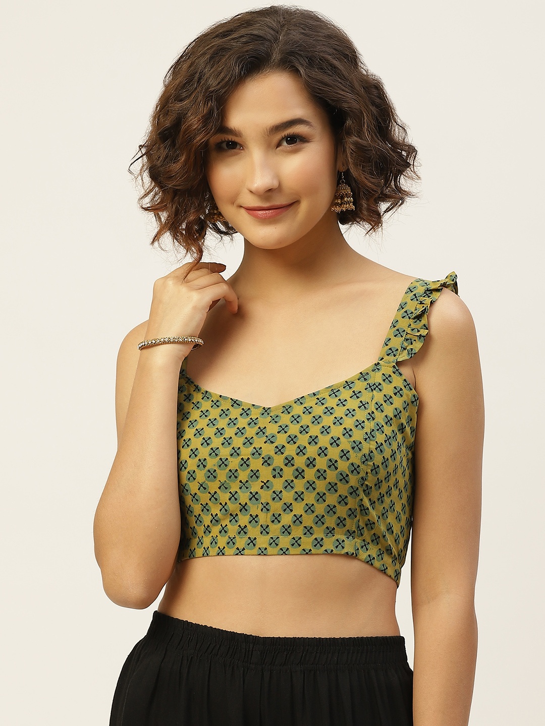 

Molcha Women Mustard Yellow & Green Pure Cotton Printed Non Padded Blouse