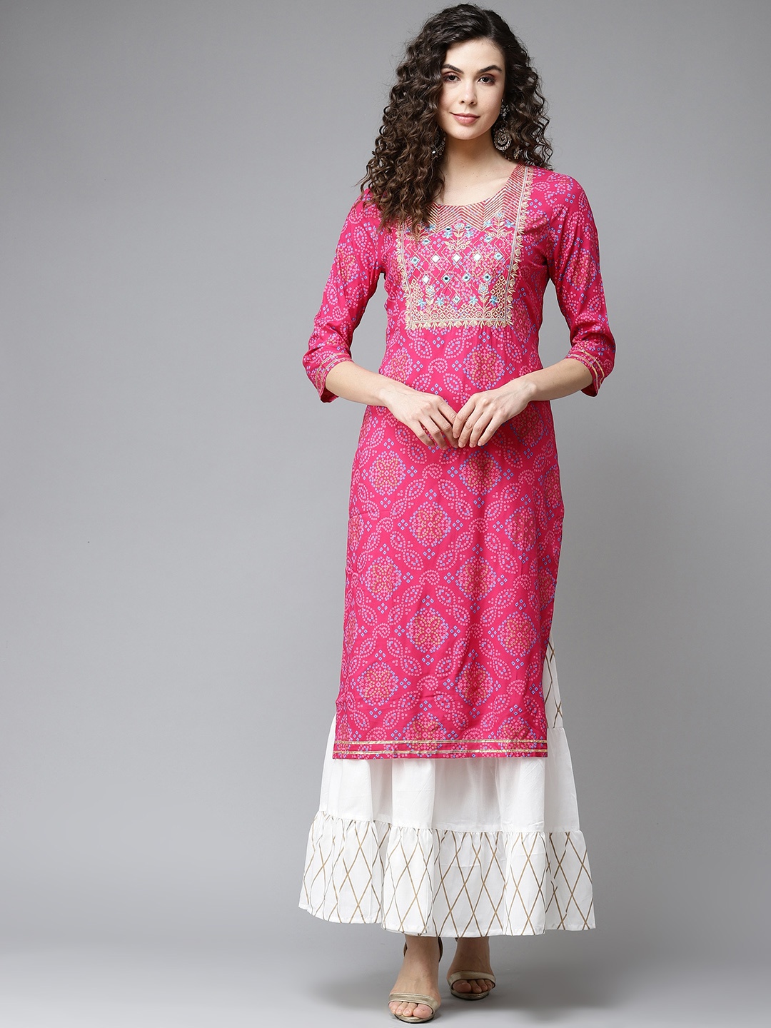 

KALINI Women Pink & Off-White Printed Kurta with Sharara