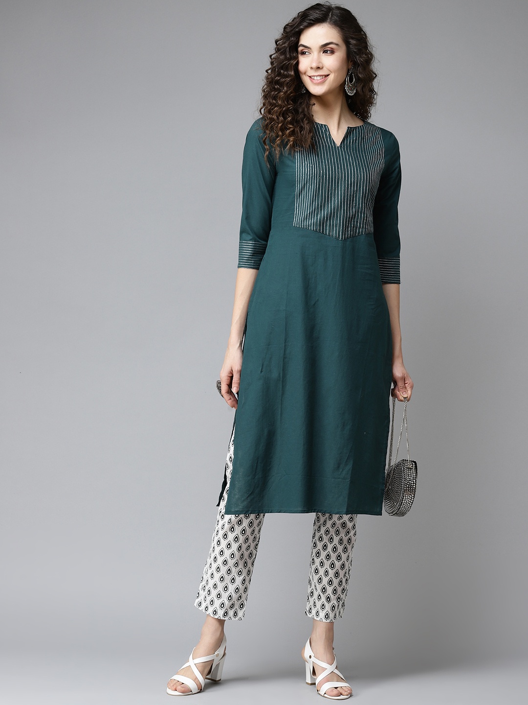 

KALINI Women Green & White Yoke Design Kurta with Trousers