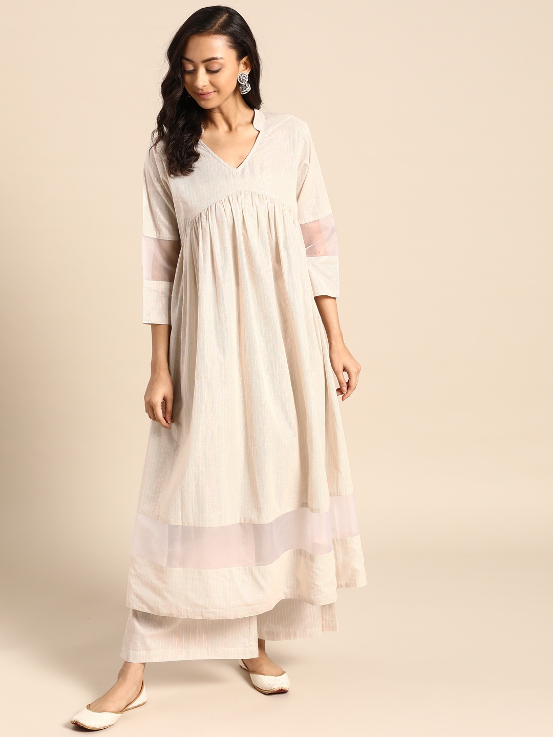 

Varanga Women Off-White Striped Pure Cotton Kurta with Palazzos