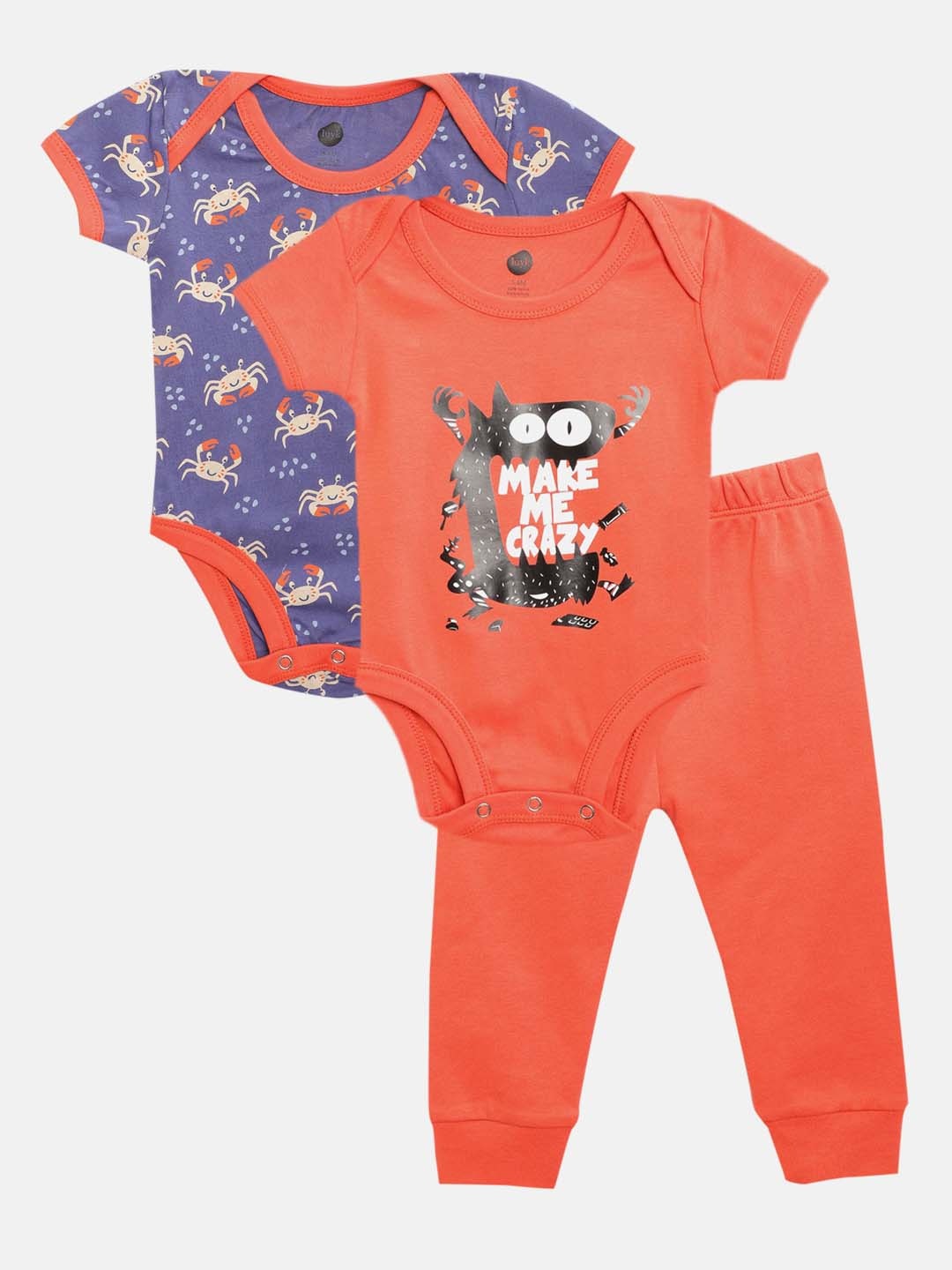 

luyk Infant Kids Pack of 2 Pure Cotton Printed Bodysuits & 1 Joggers, Orange