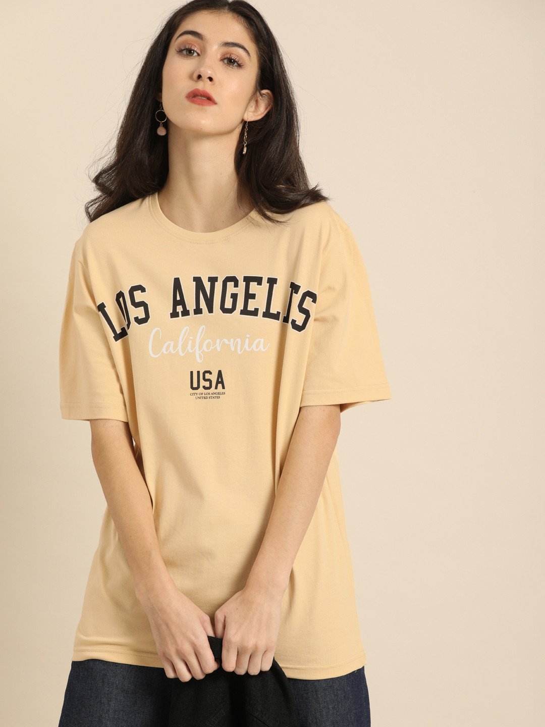 

DILLINGER Women Beige Printed Round Neck Longline Oversized Pure Cotton T-shirt