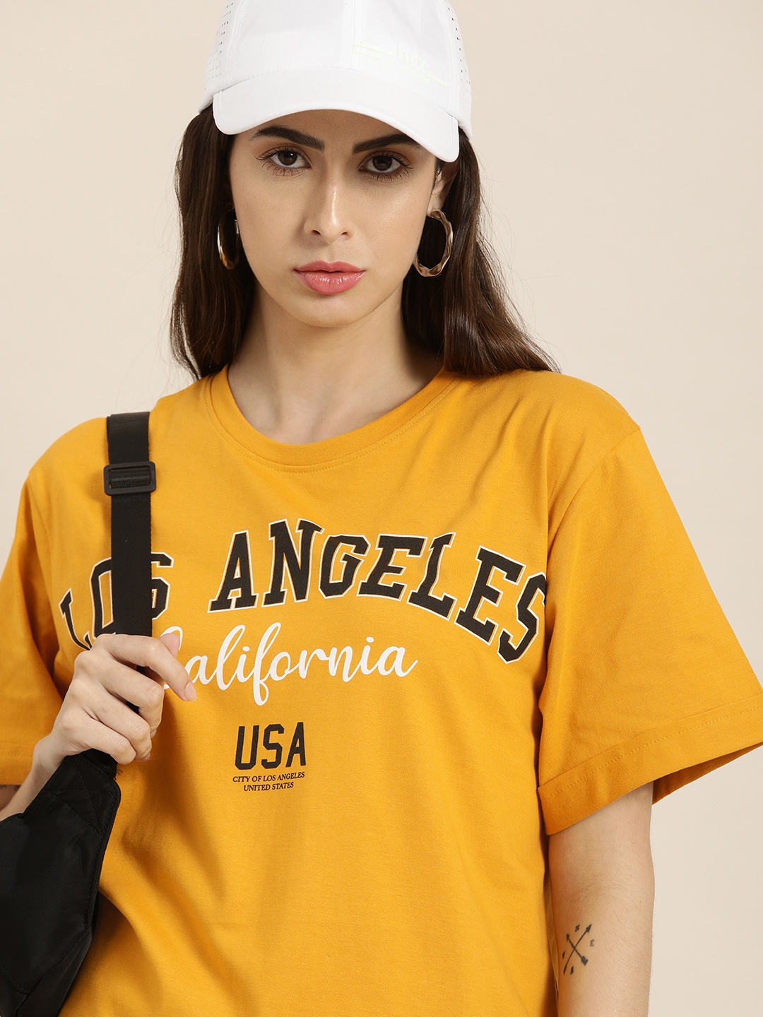 

DILLINGER Women Mustard Yellow Typography Printed Drop-Shoulder Sleeves Oversized T-shirt