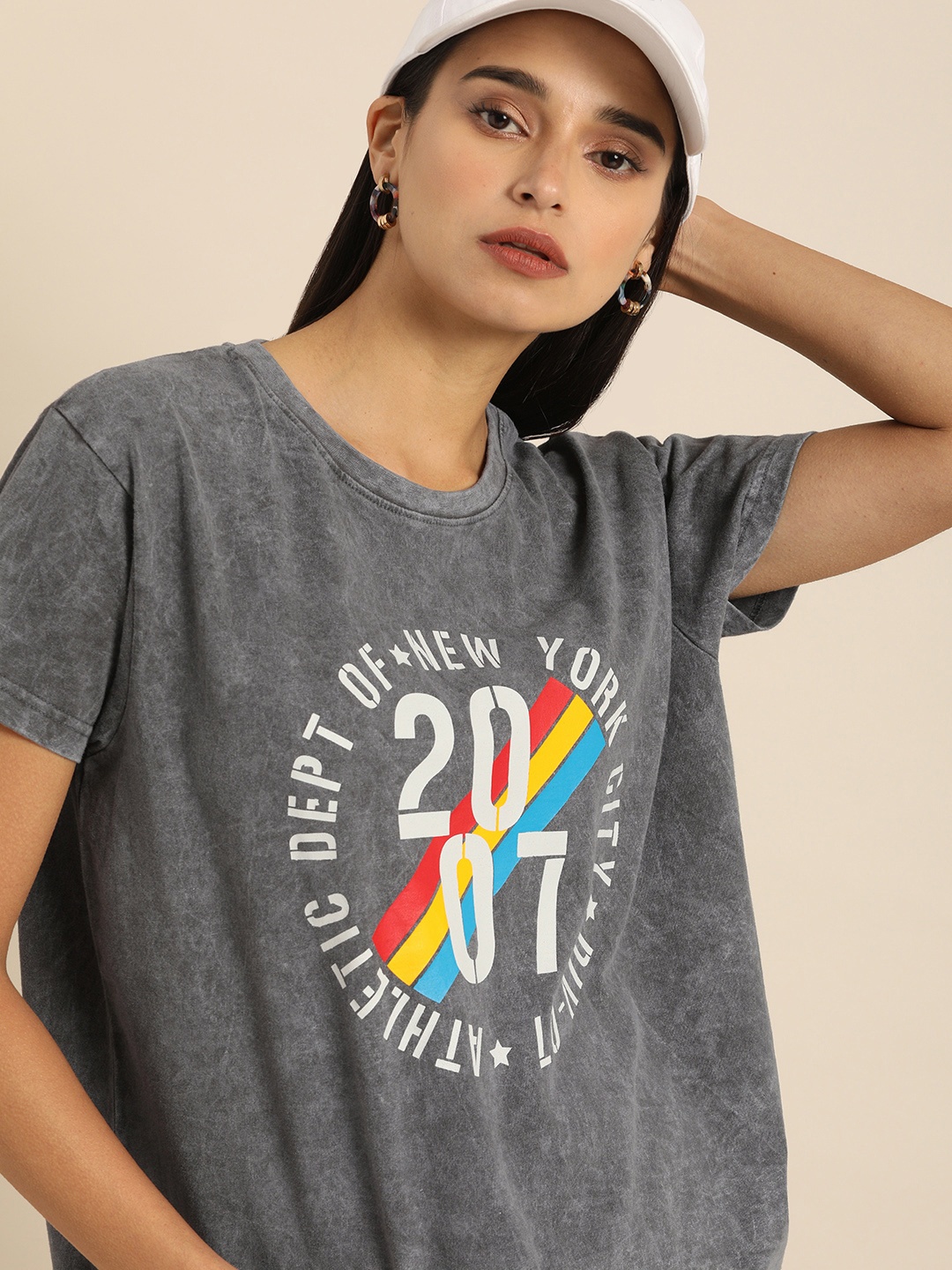 

DILLINGER Women Grey Fit Printed Round Neck Boxy Regular Pure Cotton T-shirt
