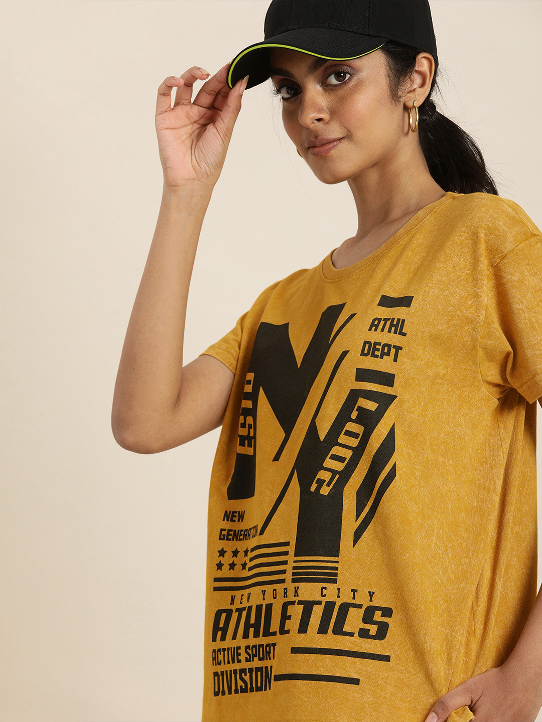 

DILLINGER Women Mustard Yellow & Black Typography Printed Drop-Shoulder Sleeves Boxy T-shirt