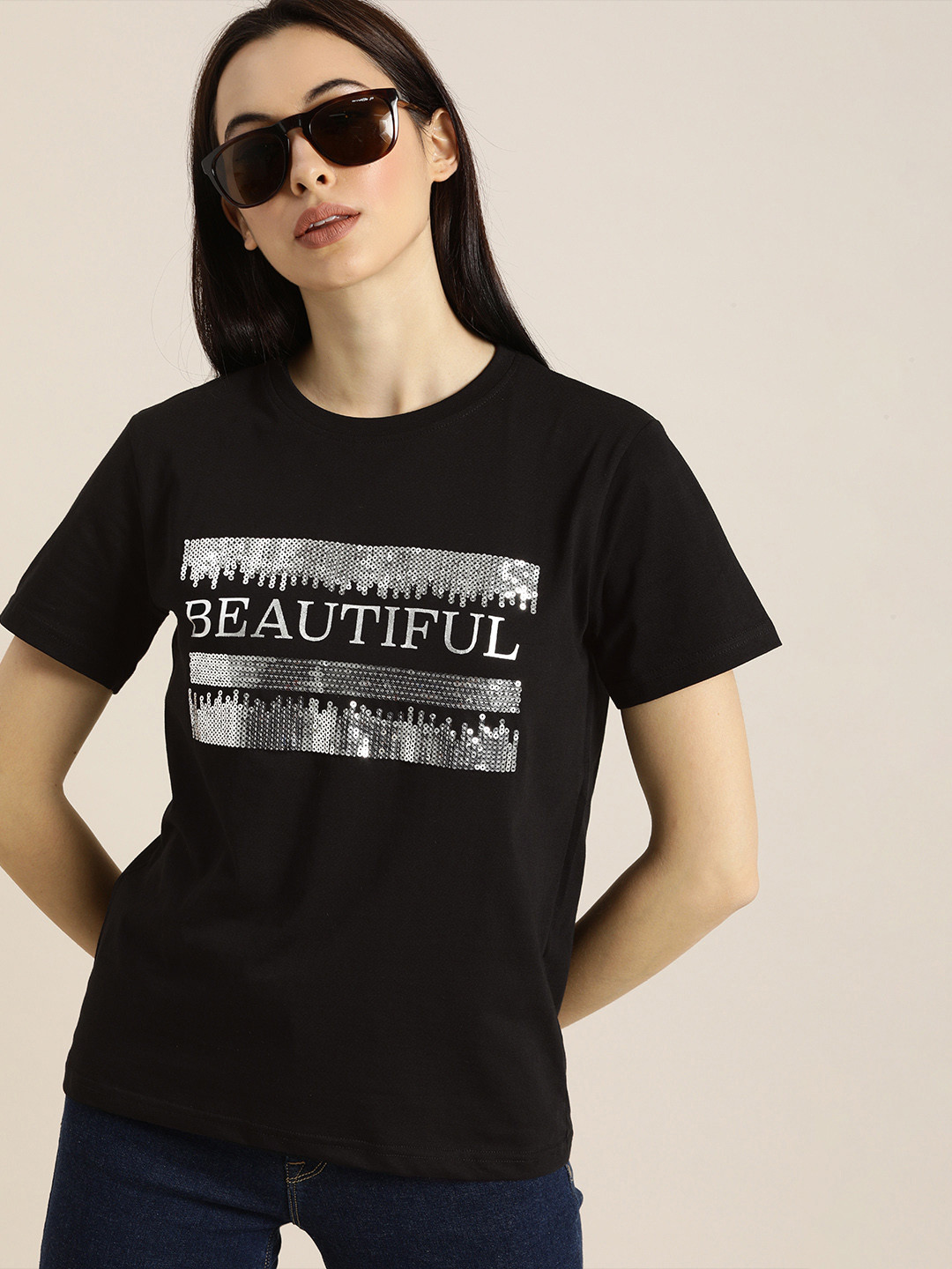 

DILLINGER Women Black Printed Round Neck Regular Fit Pure Cotton T-shirt