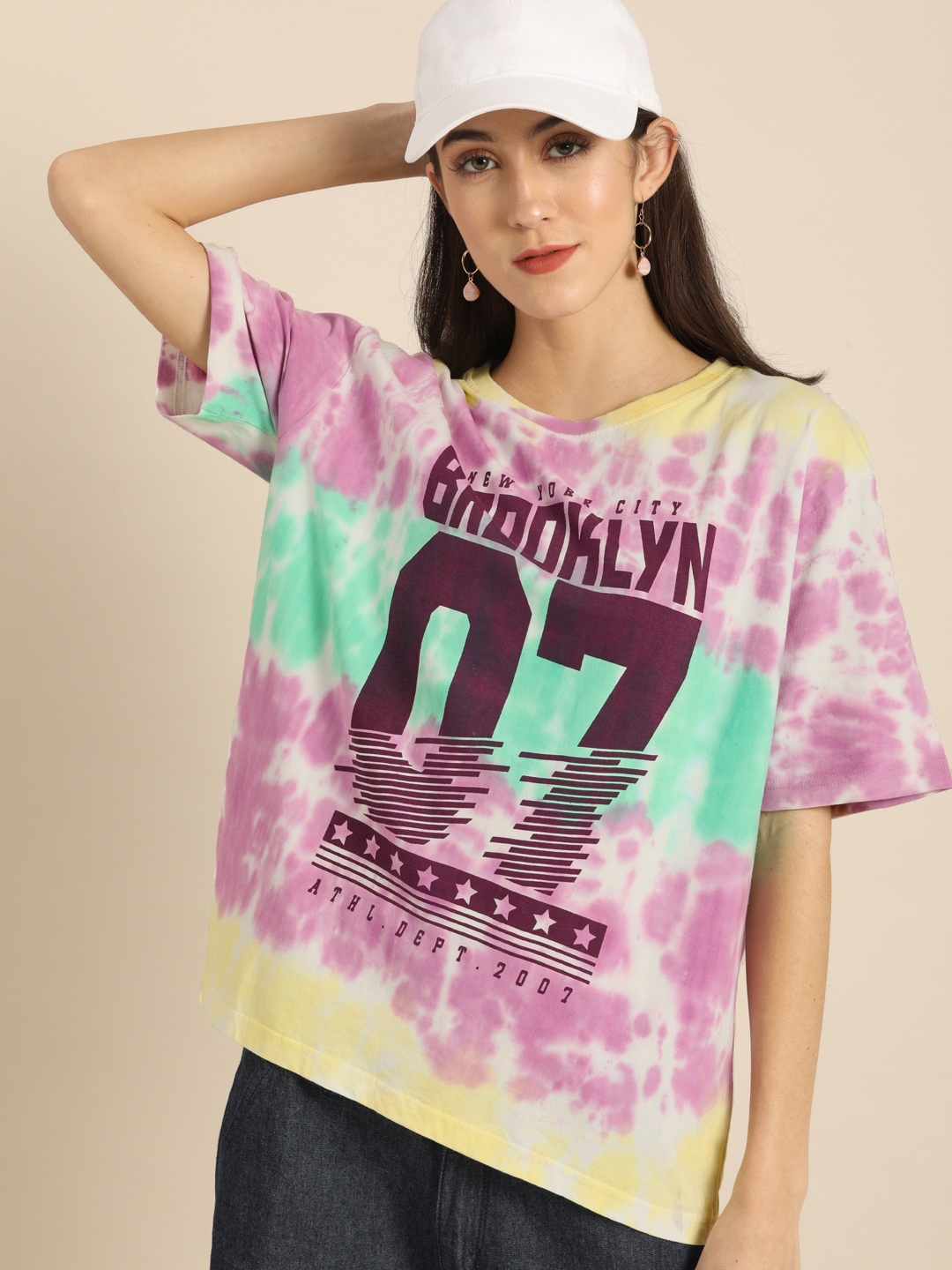 

DILLINGER Women Purple Green Dyed Round Neck Boxy Regular Pure Cotton T-shirt