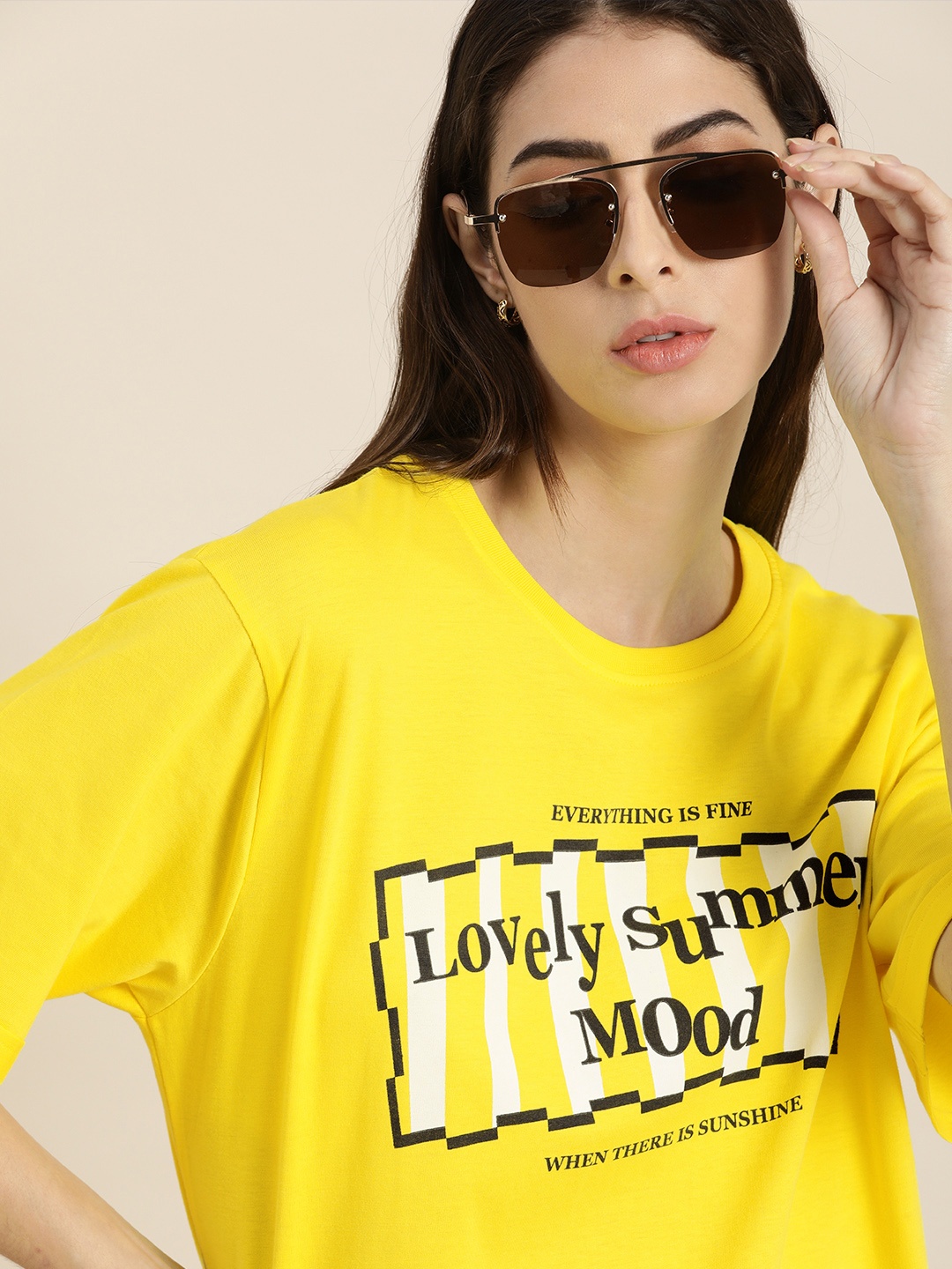 

DILLINGER Women Yellow Typography Printed Drop-Shoulder Sleeves Oversized Pure Cotton T-shirt