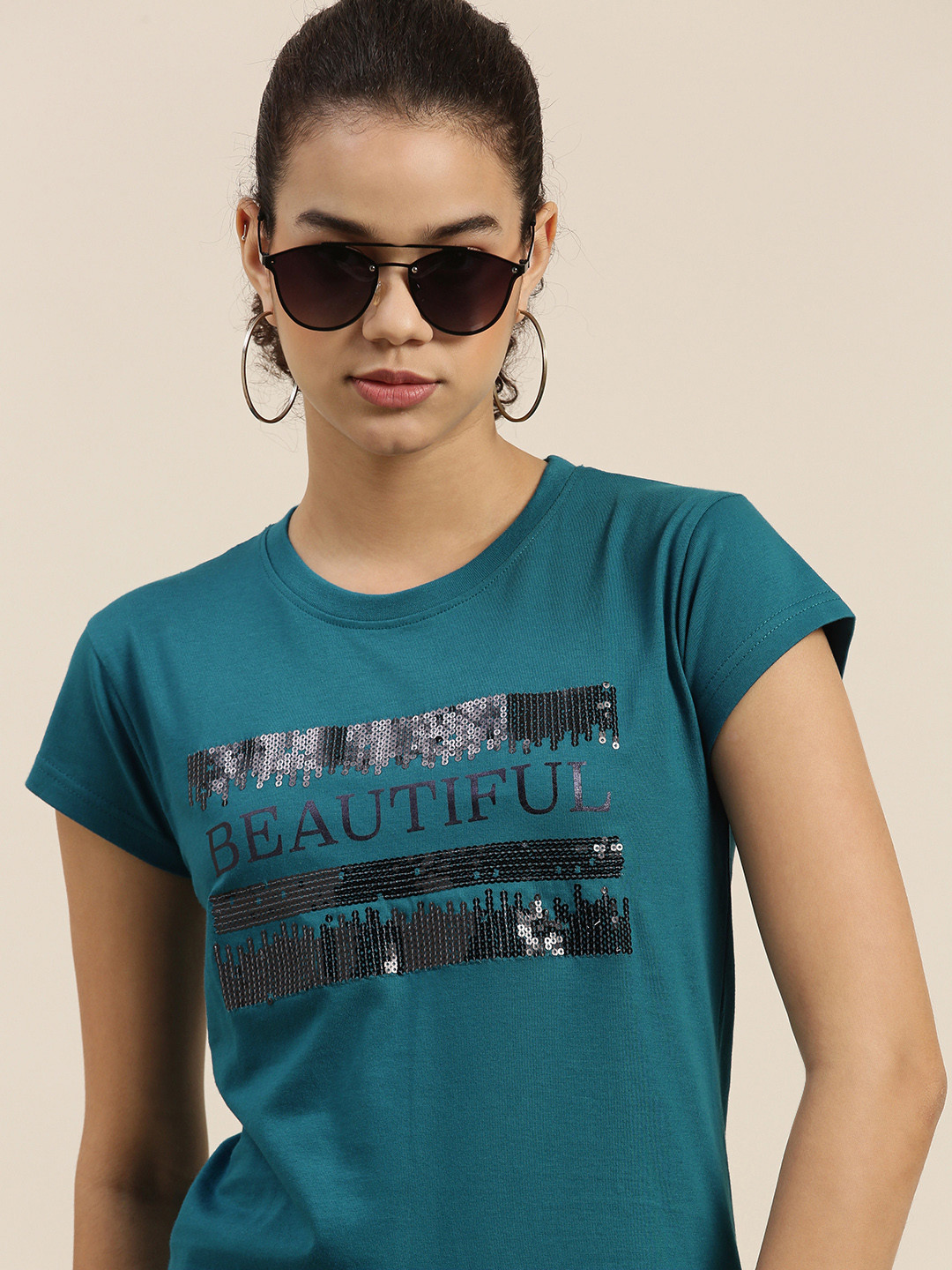 

DILLINGER Women Teal Typography Printed Pure Cotton T-shirt