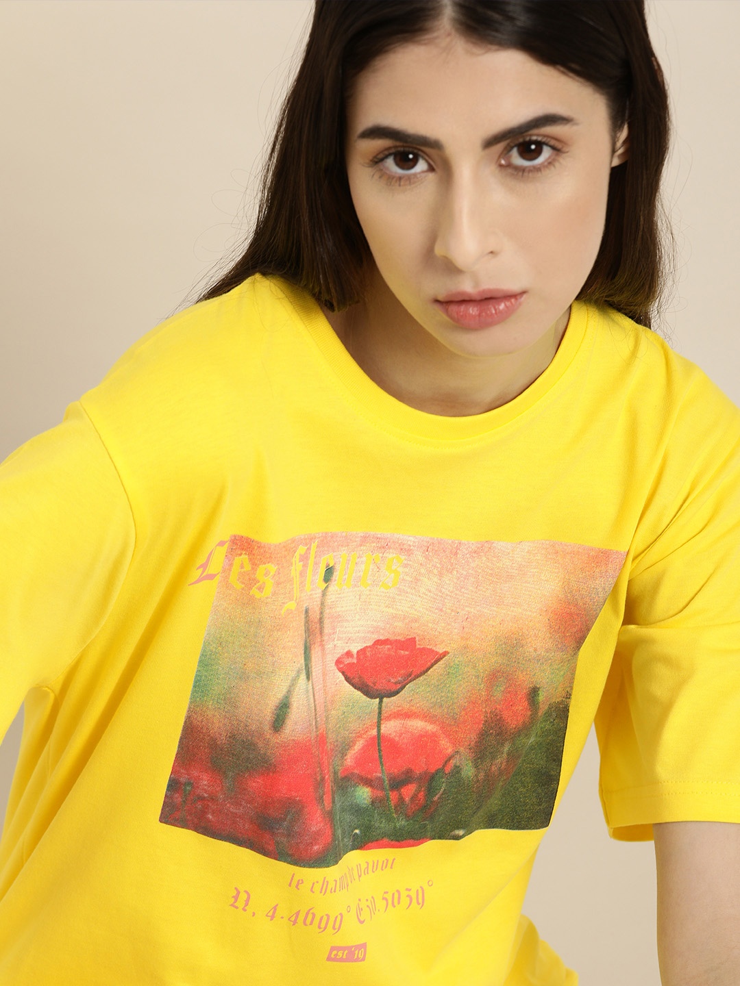 

DILLINGER Women Yellow Floral Printed Drop-Shoulder Sleeves Oversized Pure Cotton T-shirt