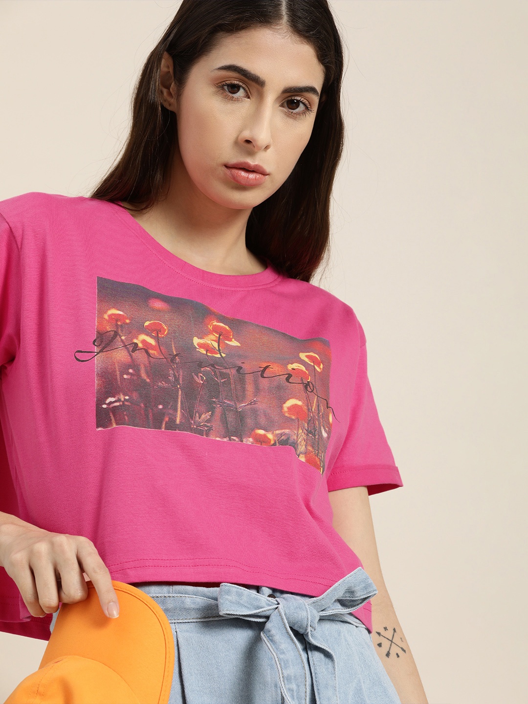 

DILLINGER Women Fuchsia Floral Printed Boxy Crop Pure Cotton T-shirt