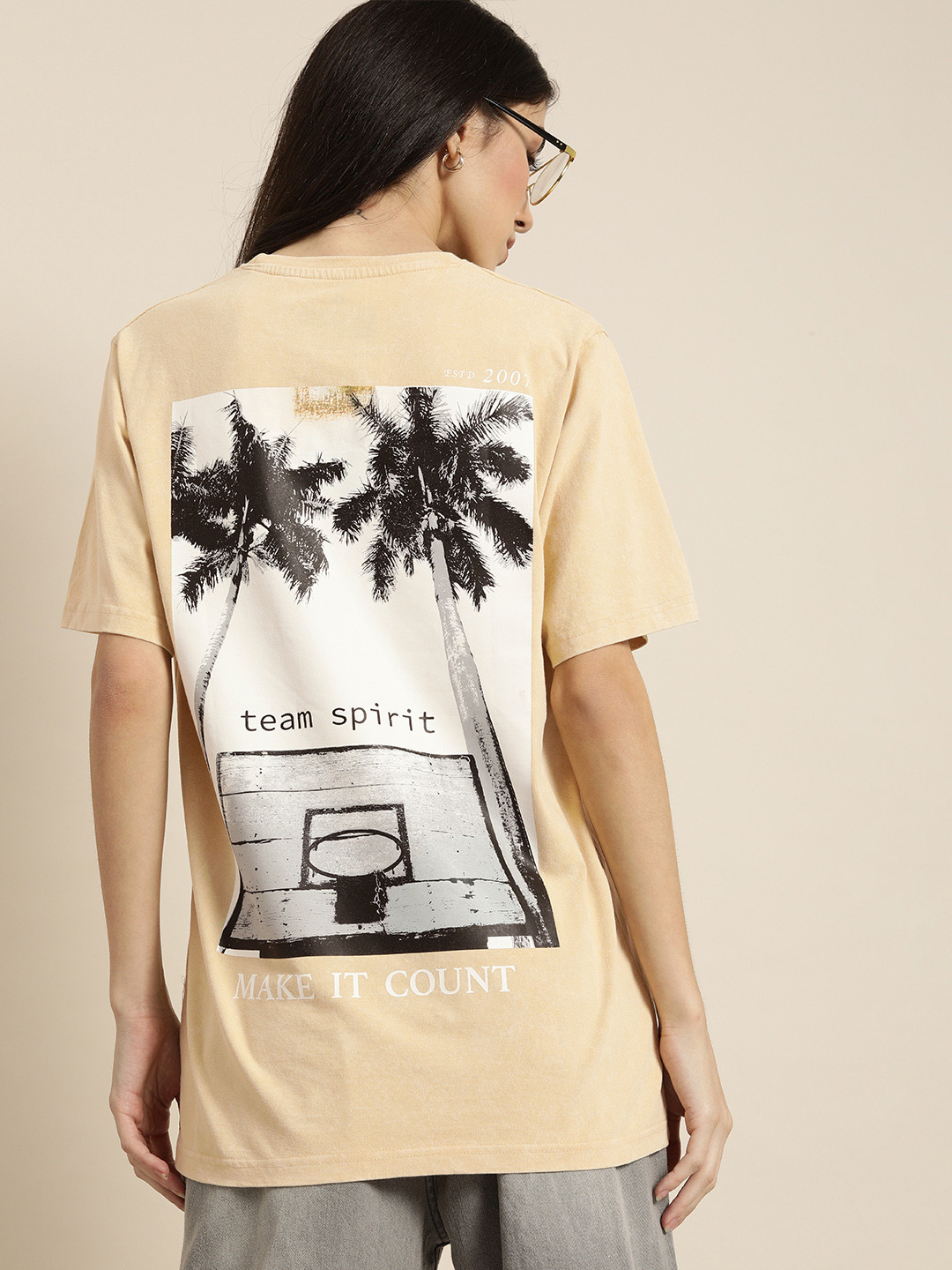 

DILLINGER Women Beige Printed Round Neck Oversized Pure Cotton T-shirt