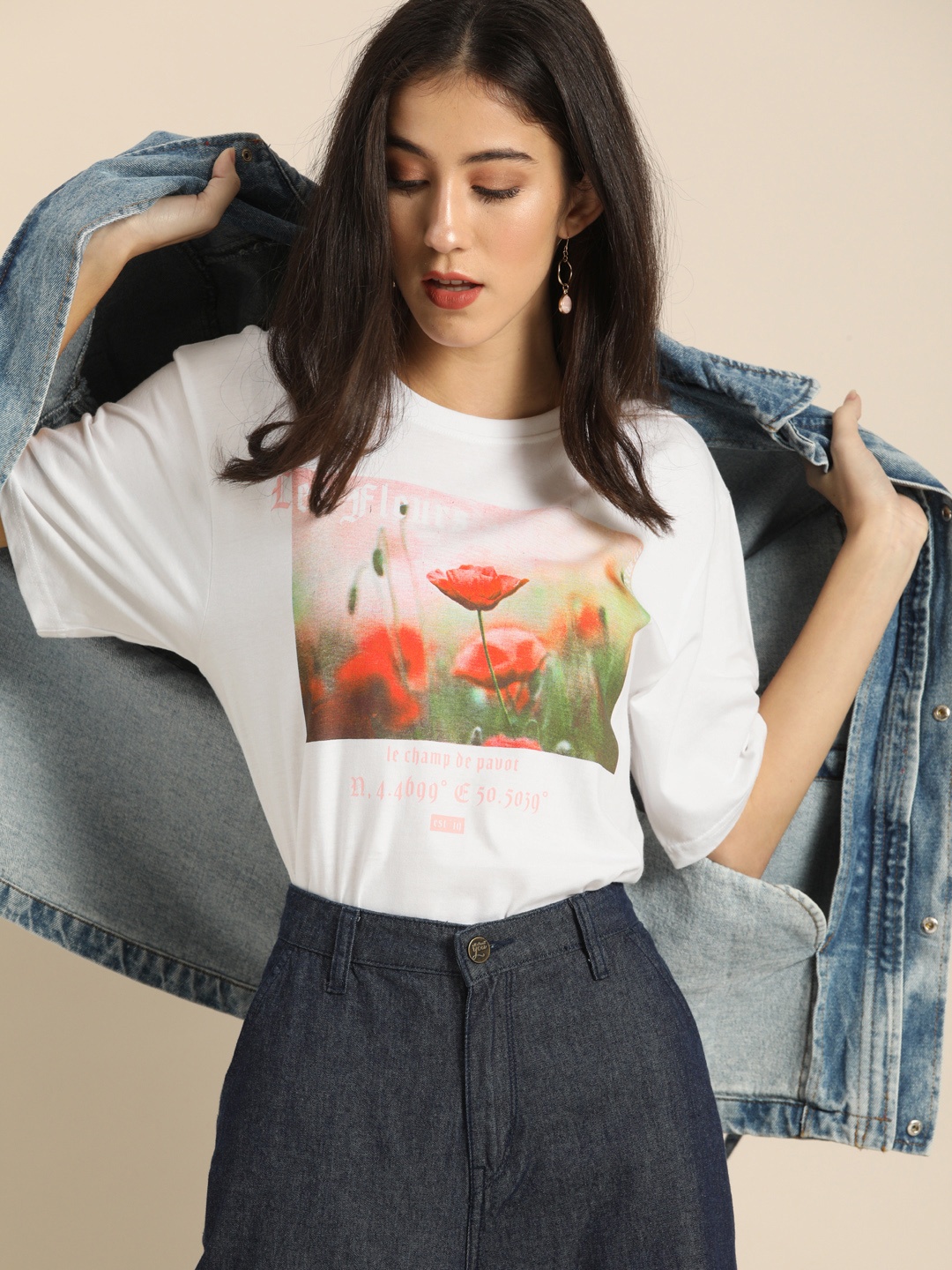 

DILLINGER Women White Graphic Printed Round Neck Longline Oversized T-shirt