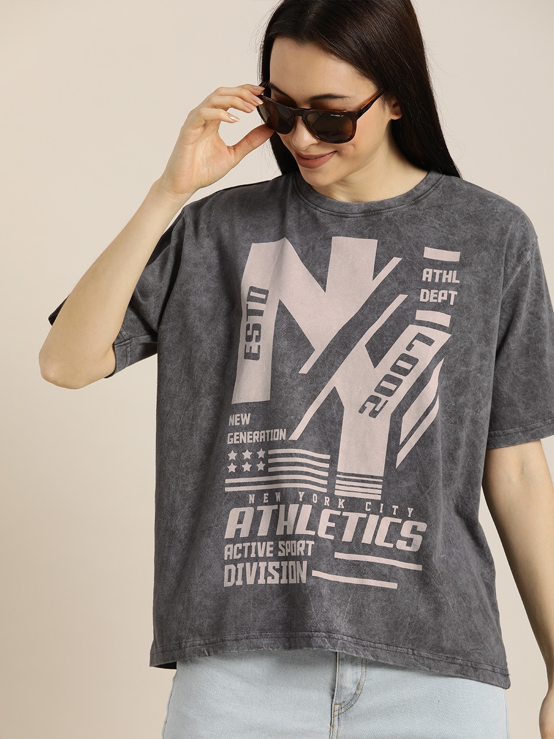 

DILLINGER Women Grey Printed Fit Round Neck Boxy Regular Pure Cotton T-shirt