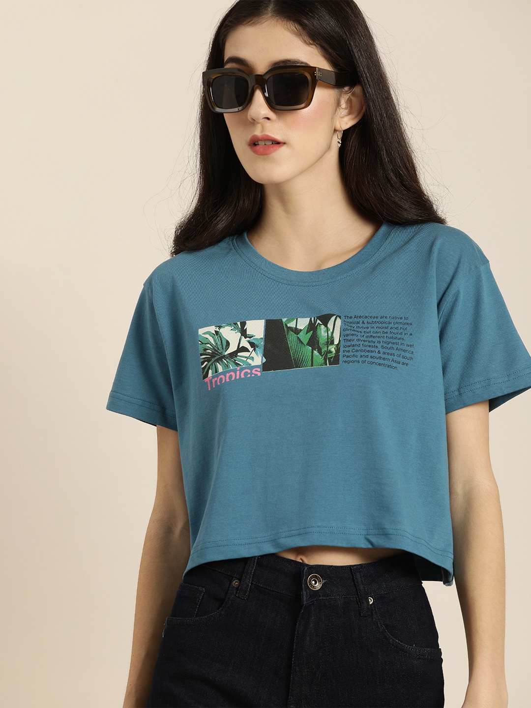 

DILLINGER Women Teal Blue Printed Round Neck Fit Boxy Crop Pure Cotton T-shirt