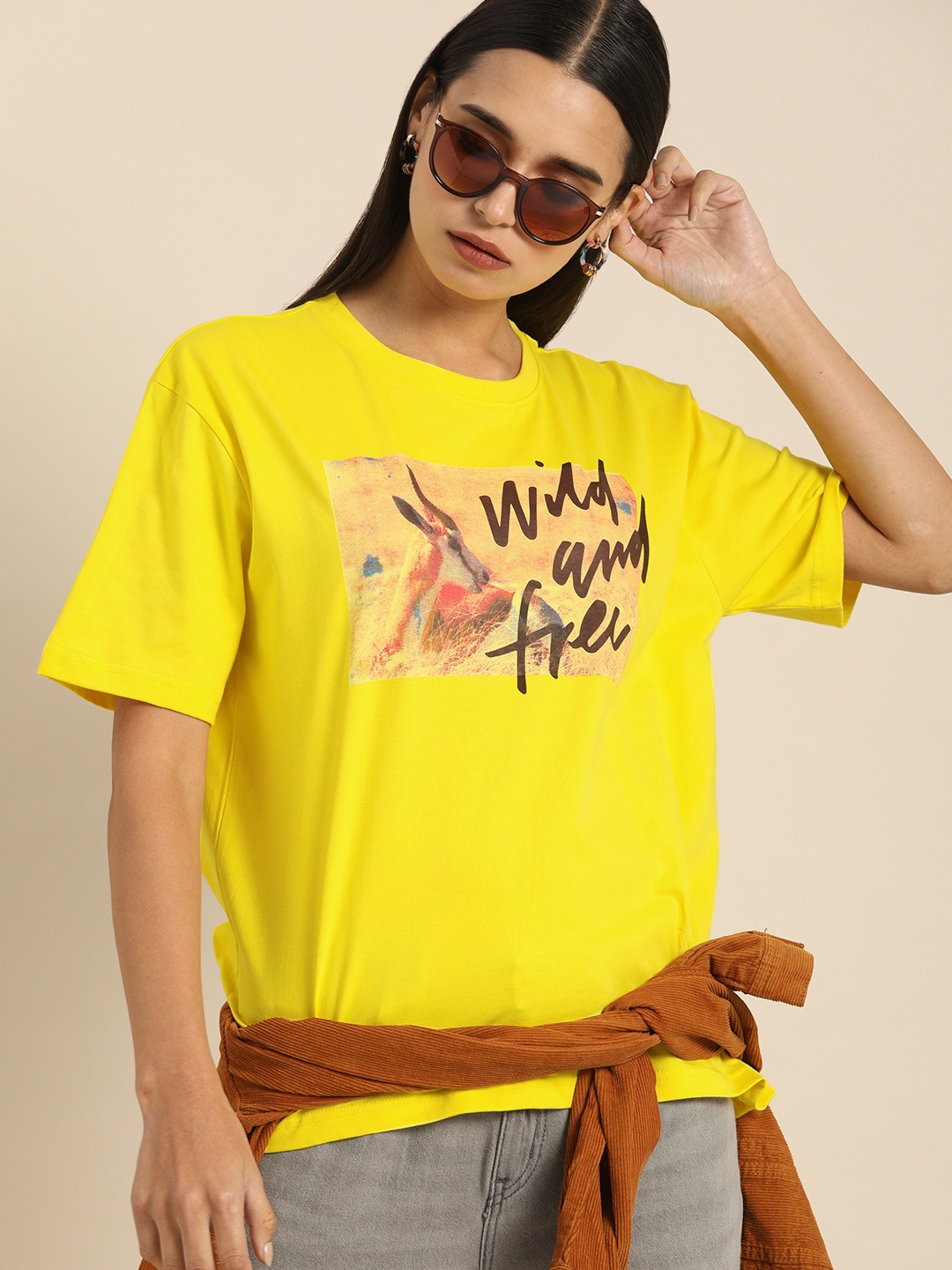 

DILLINGER Women Yellow Fit Printed Round Neck Boxy Regular Pure Cotton T-shirt