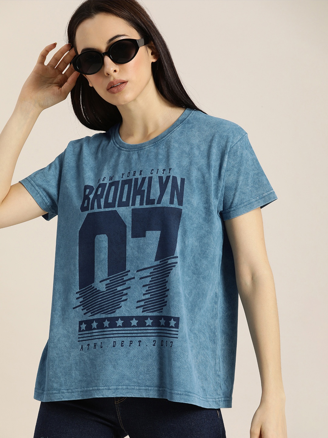 

DILLINGER Women Blue Printed Fit Round Neck Boxy Regular Pure Cotton T-shirt