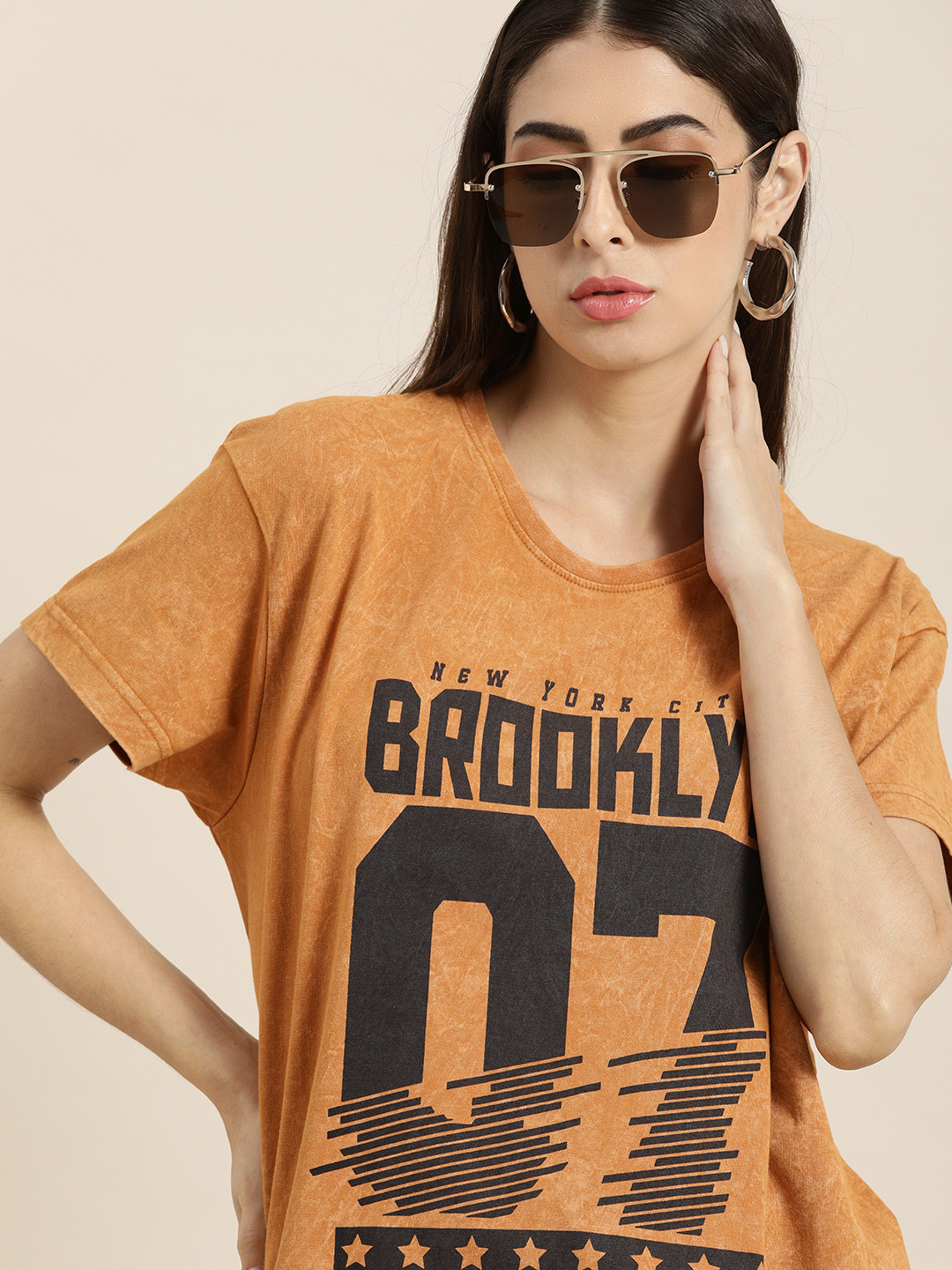 

DILLINGER Women Brown Varsity Printed Drop-Shoulder Sleeves Boxy Pure Cotton T-shirt