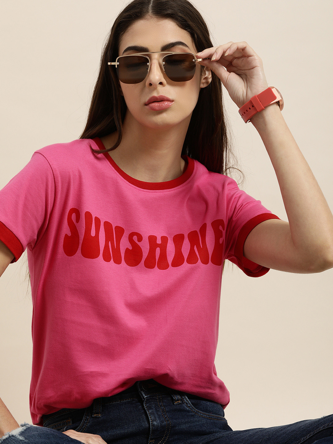 

DILLINGER Women Pink & Red Typography Printed T-shirt