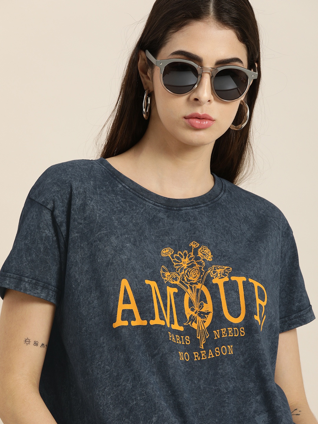

DILLINGER Women Navy Blue Typography Printed Drop-Shoulder Sleeves Boxy T-shirt