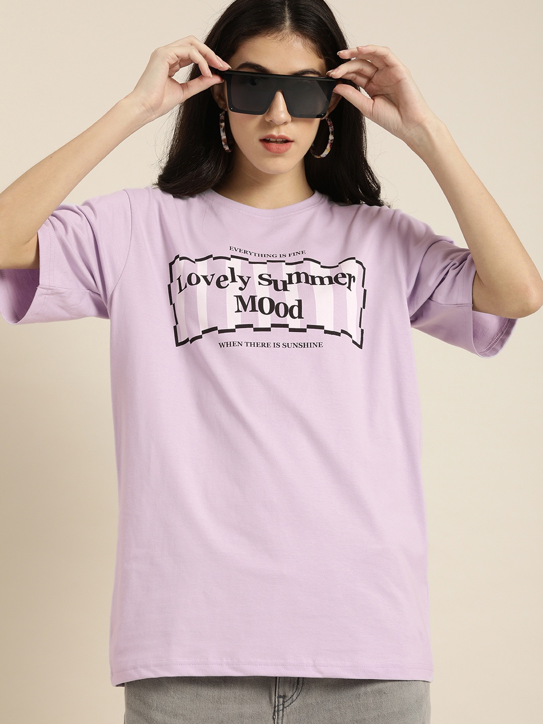 

DILLINGER Women Lavender Printed Round Neck Oversized Pure Cotton T-shirt