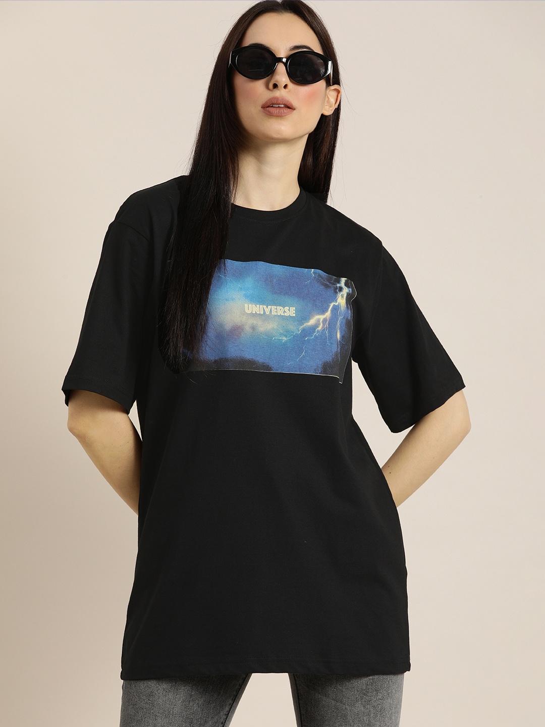 

DILLINGER Women Black Printed Round Neck Oversized Pure Cotton T-shirt