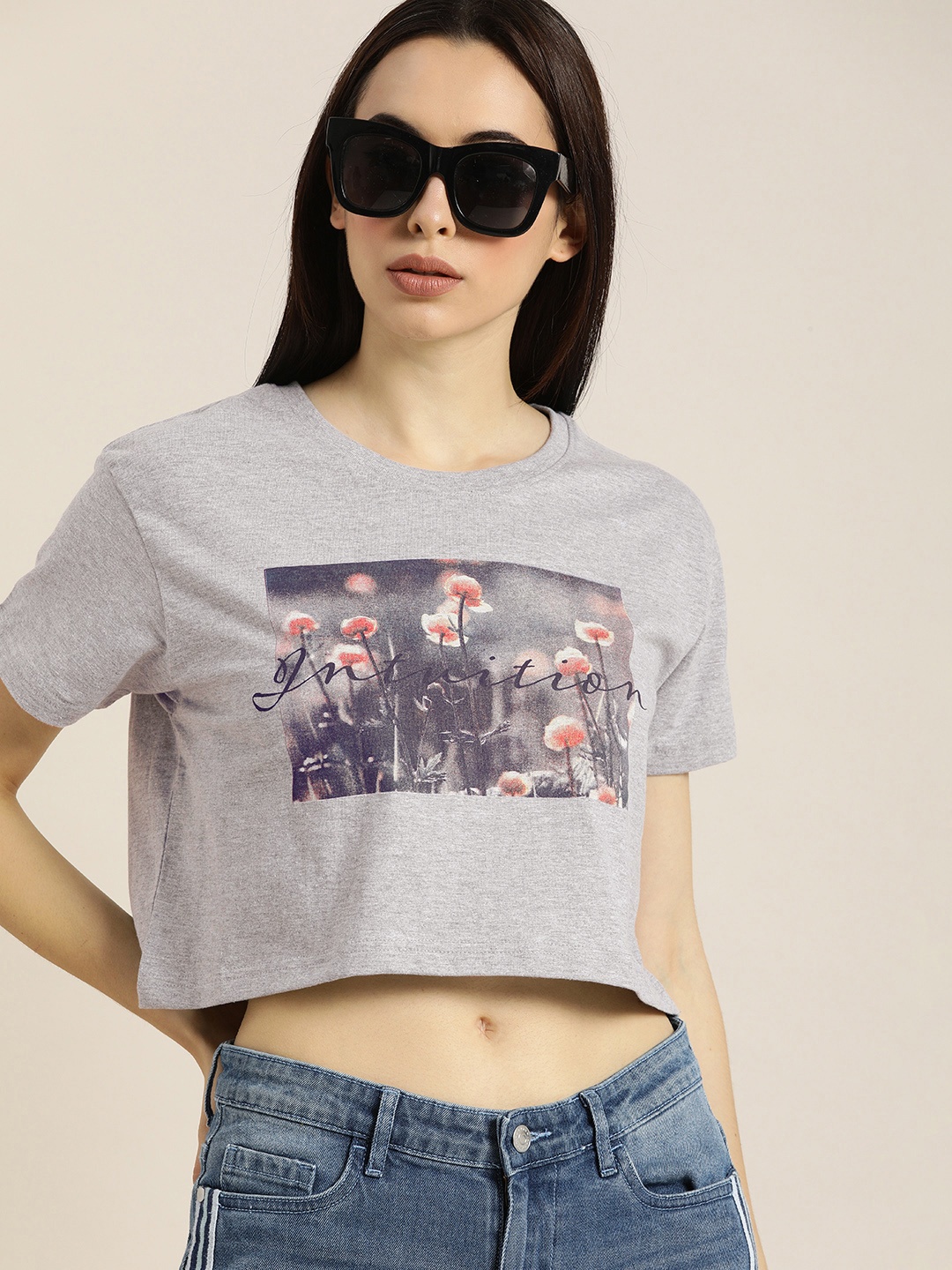 

DILLINGER Women Grey Melange Boxy Fit Printed Round Neck Cropped Pure Cotton T-shirt