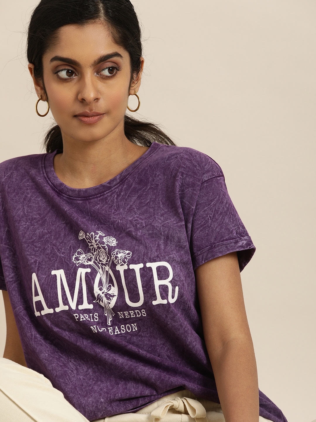 

DILLINGER Women Purple Typography Printed Drop-Shoulder Sleeves Boxy Pure Cotton T-shirt
