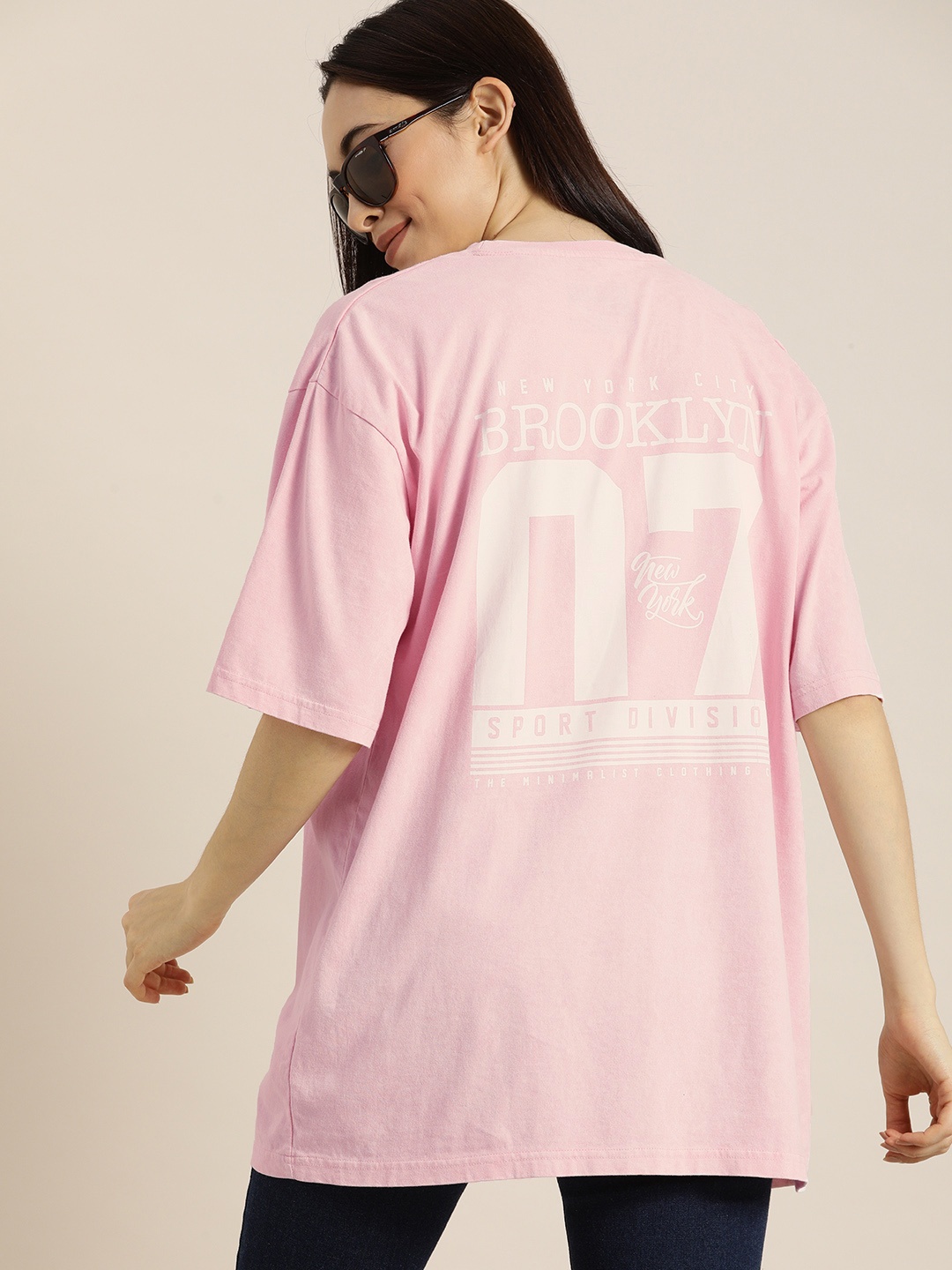 

DILLINGER Women Pink Printed Round Neck Longline Oversized T-shirt