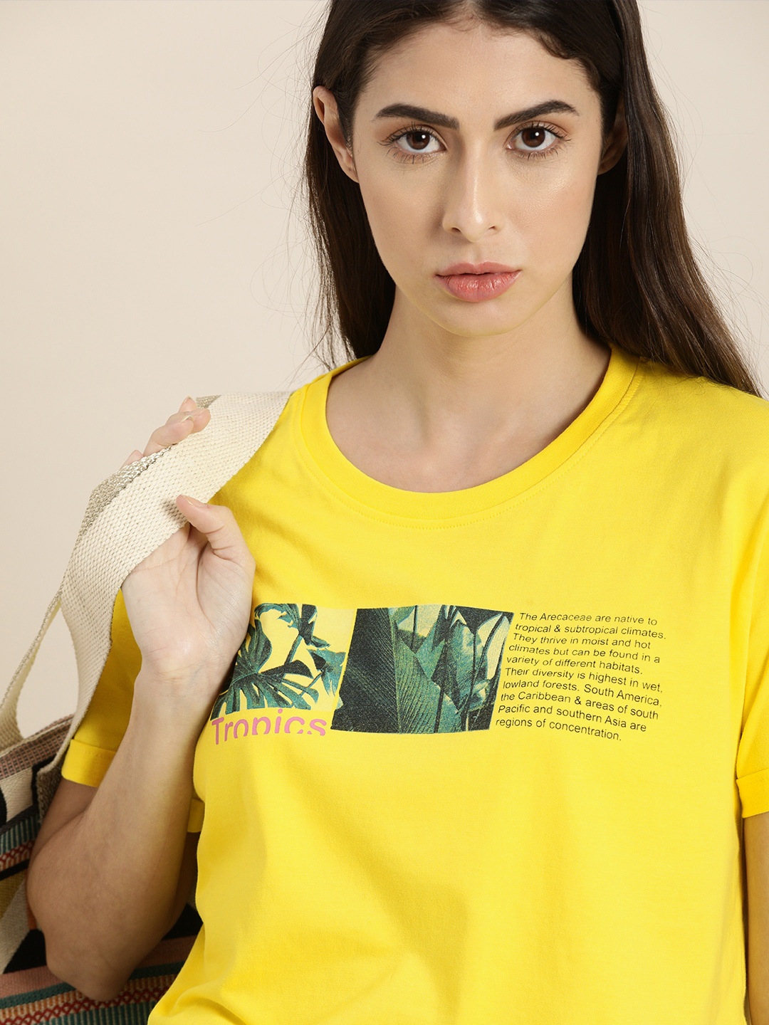 

DILLINGER Women Yellow Printed Drop-Shoulder Sleeves Boxy Pure Cotton T-shirt