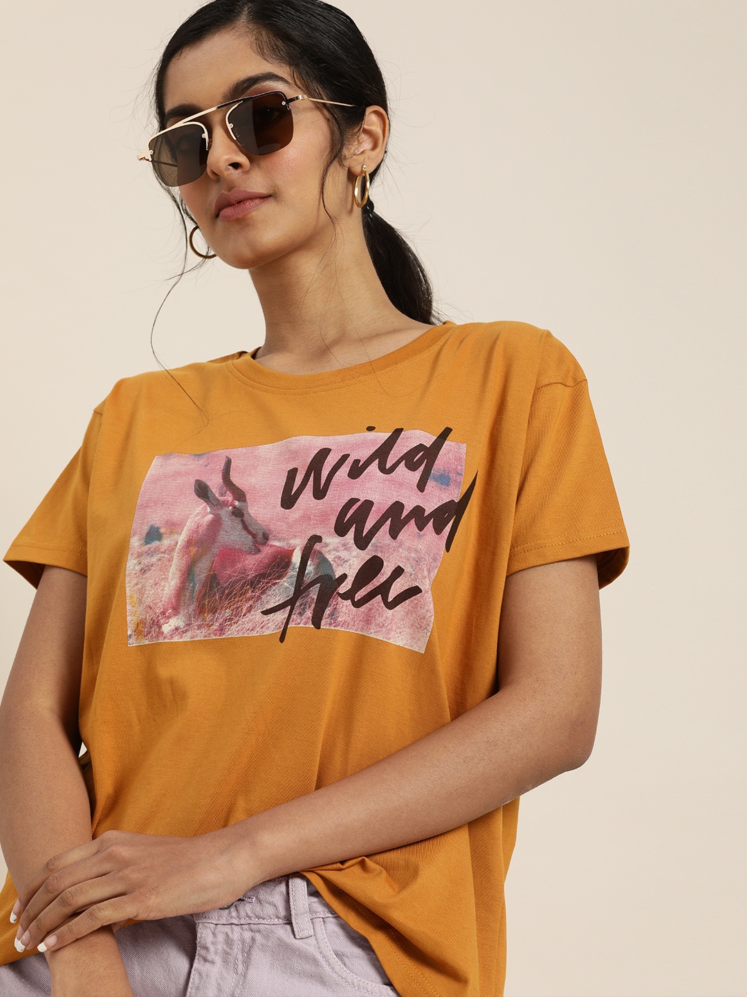 

DILLINGER Women Mustard Yellow Typography Printed Drop-Shoulder Sleeves Boxy Pure Cotton T-shirt