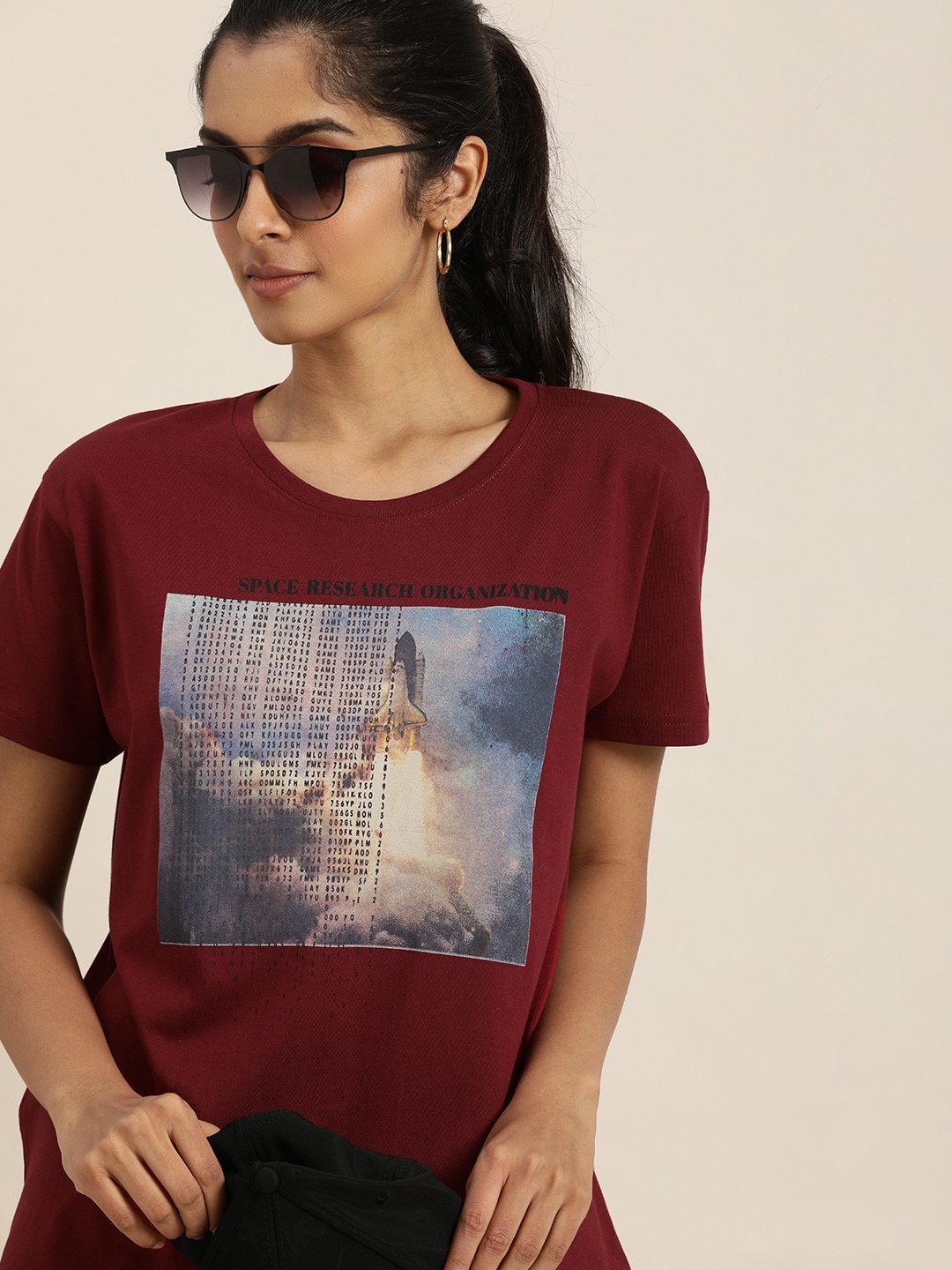 

DILLINGER Women Maroon Printed Drop-Shoulder Sleeves Boxy T-shirt