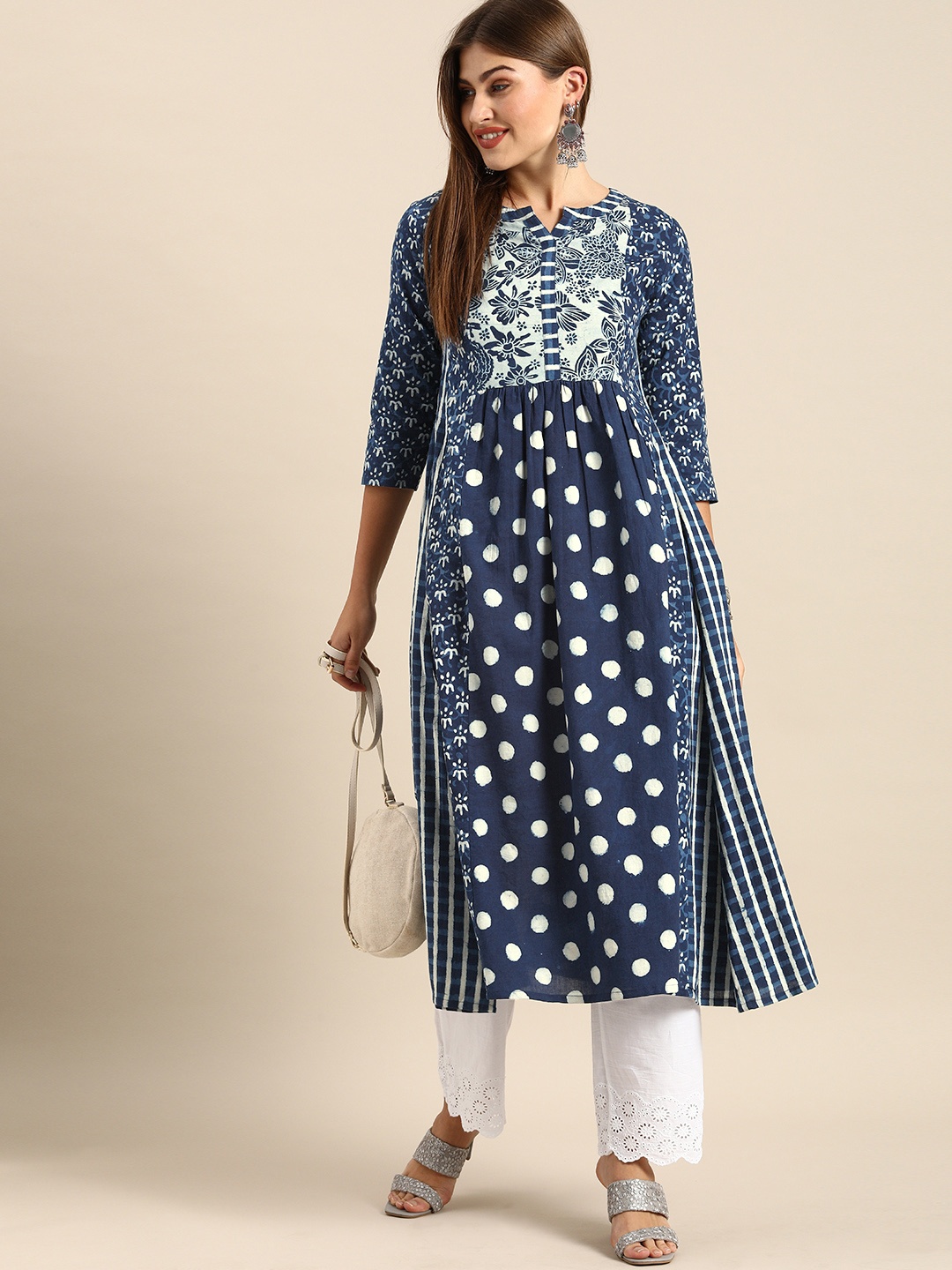 

Varanga Women Navy Blue & White Polka Dots Printed Indigo Kurta