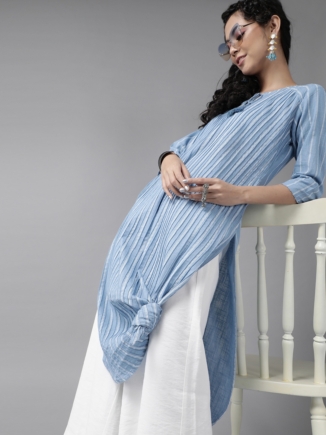 

Ishin Women Blue & White Striped Block Print Pathani Cotton Kurta